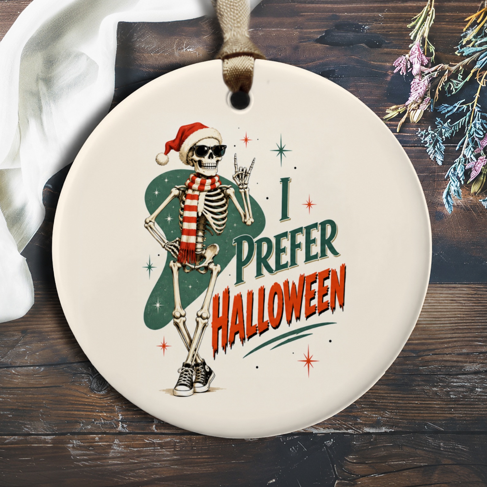 I Prefer Halloween Skeleton Ornament Funny Halloween Decor Santa Hat Scarf Christmas Crossover Spooky Holiday Decoration O991