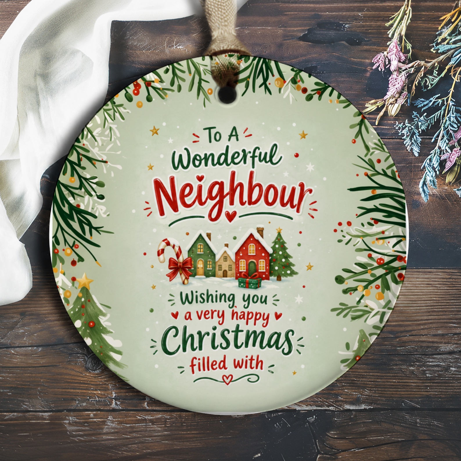 To A Wonderful Neighbour Christmas Ornament Happy Holiday Decoration Festive Gift For Neighbor Cute Xmas Tree Decor O998