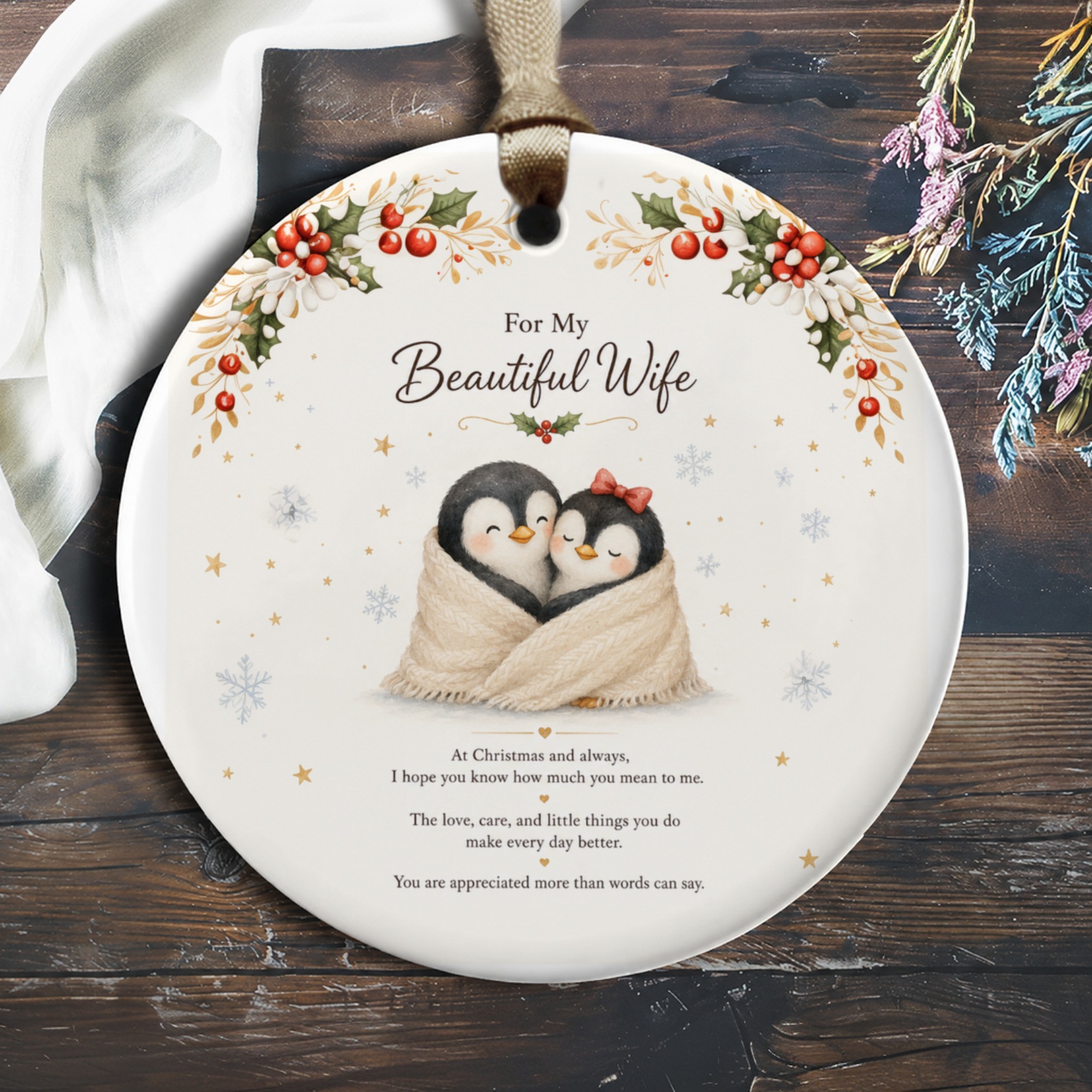 For My Beautiful Wife Christmas Ornament Cute Penguin Couple Festive Holiday Decor Gift For Her Romantic Winter Decoration O1001