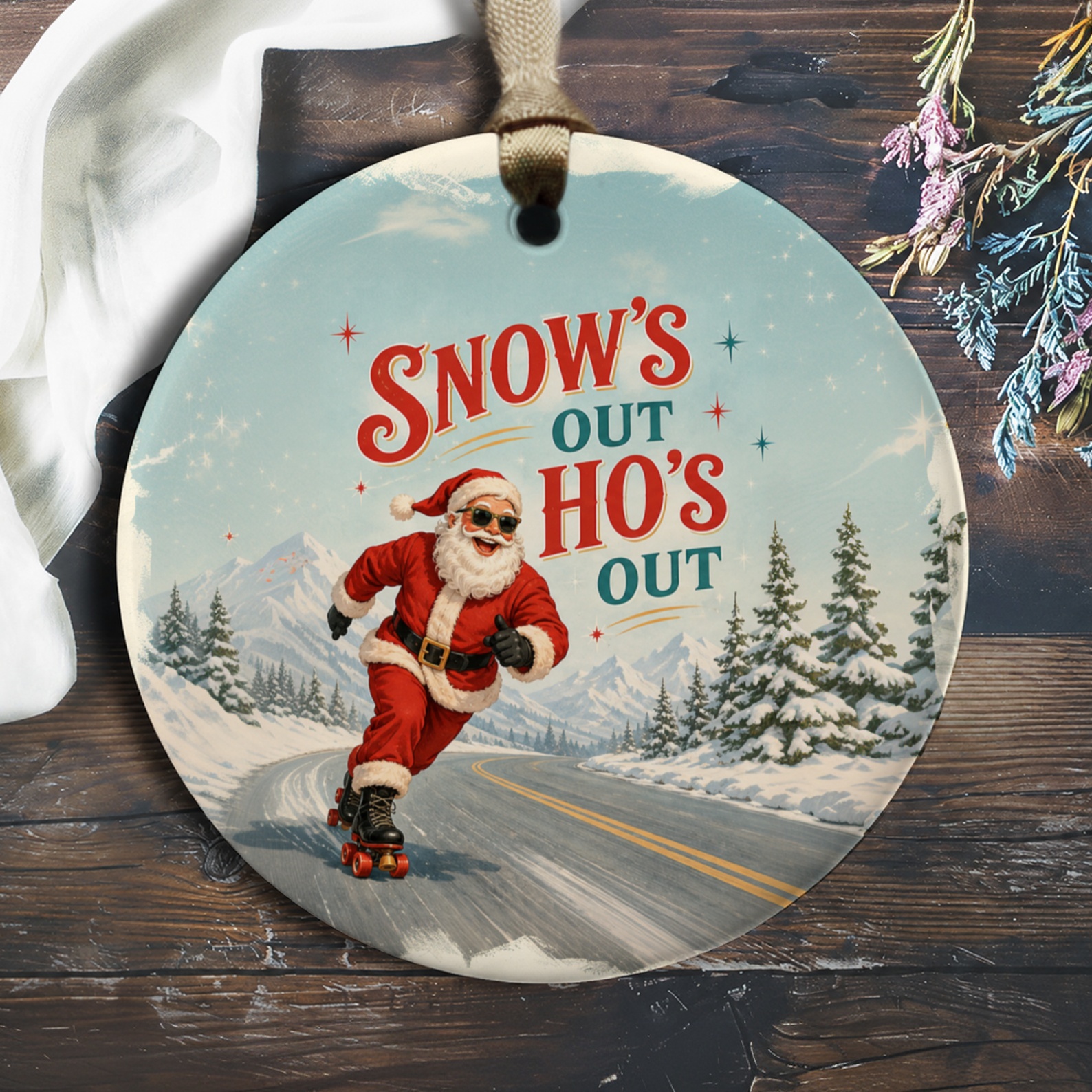 Snow's Out Ho's Out Funny Christmas Ornament Santa Skating Holiday Decor Winter Gift For Him Her O1003