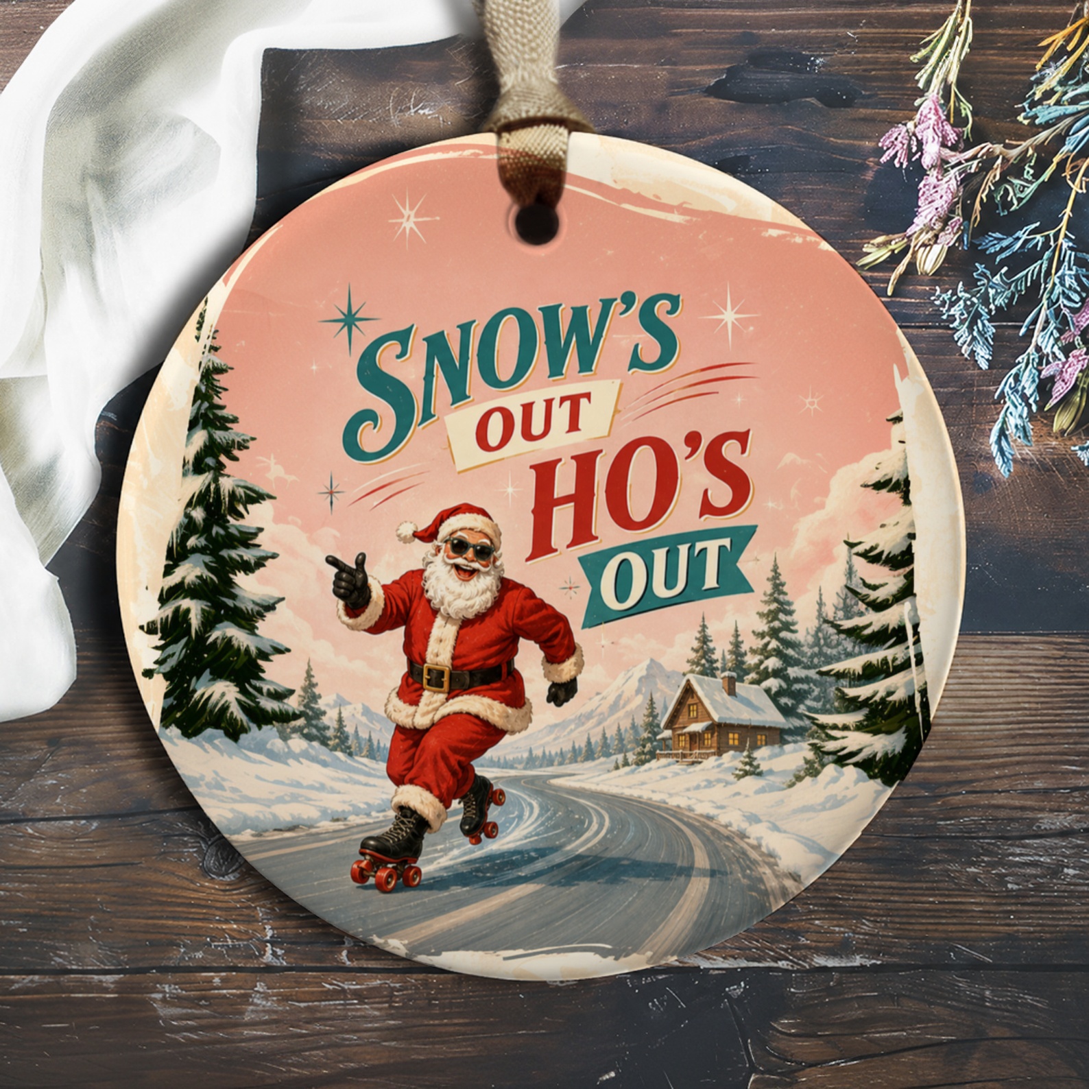 Snow's Out Ho's Out Funny Christmas Ornament Santa Roller Skating Holiday Decor Winter Festive Decoration O1004