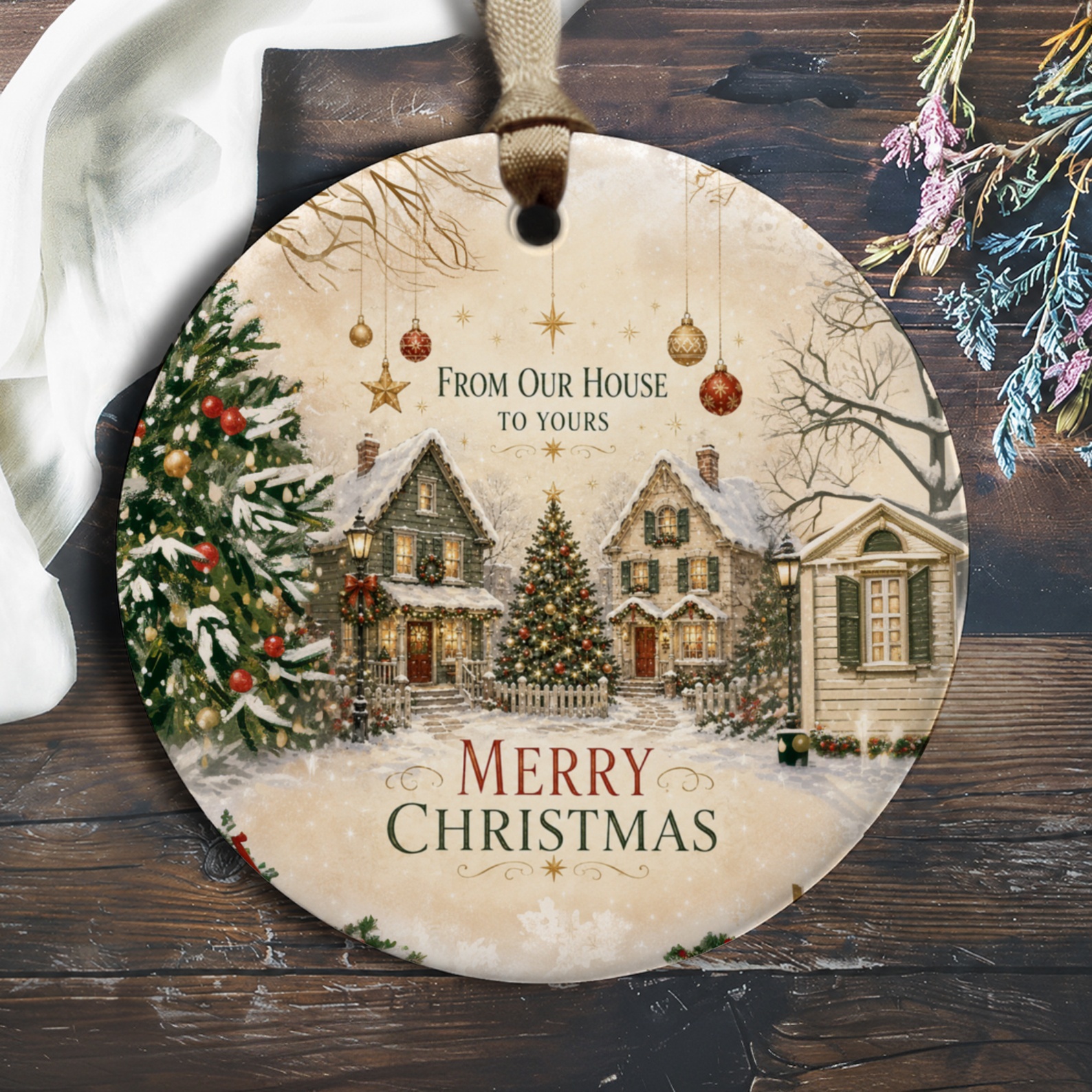 From Our House To Yours Merry Christmas Ornament Holiday Decor Festive Home Decoration Winter Scene Christmas Tree O1005