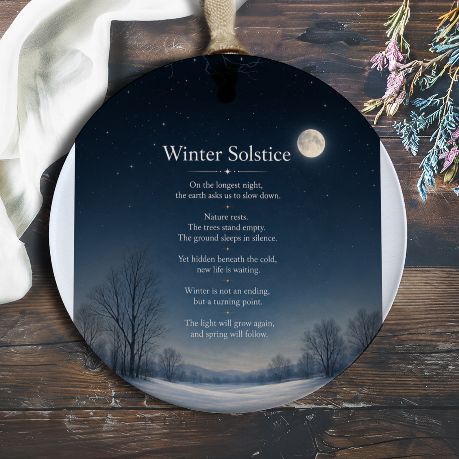 Winter Solstice Ornament Winter Night Scene Moon Trees Seasonal Decor Nature Lover Gift Winter Celebration Ornament O1016