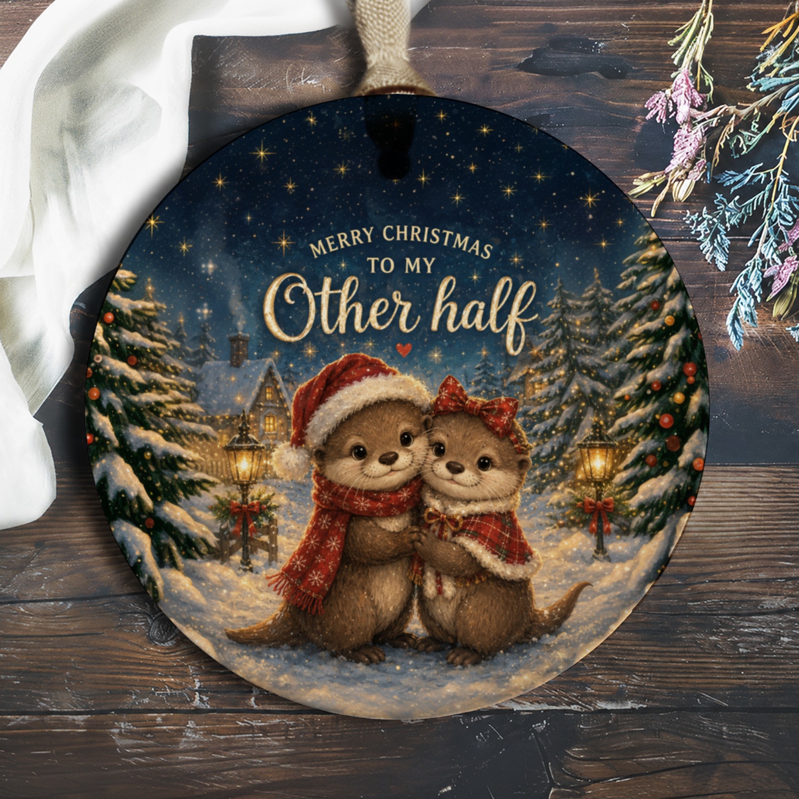 Merry Christmas To My Other Half Ornament Cute Otter Couple Winter Scene Holiday Decoration Romantic Gift For Partner O1022