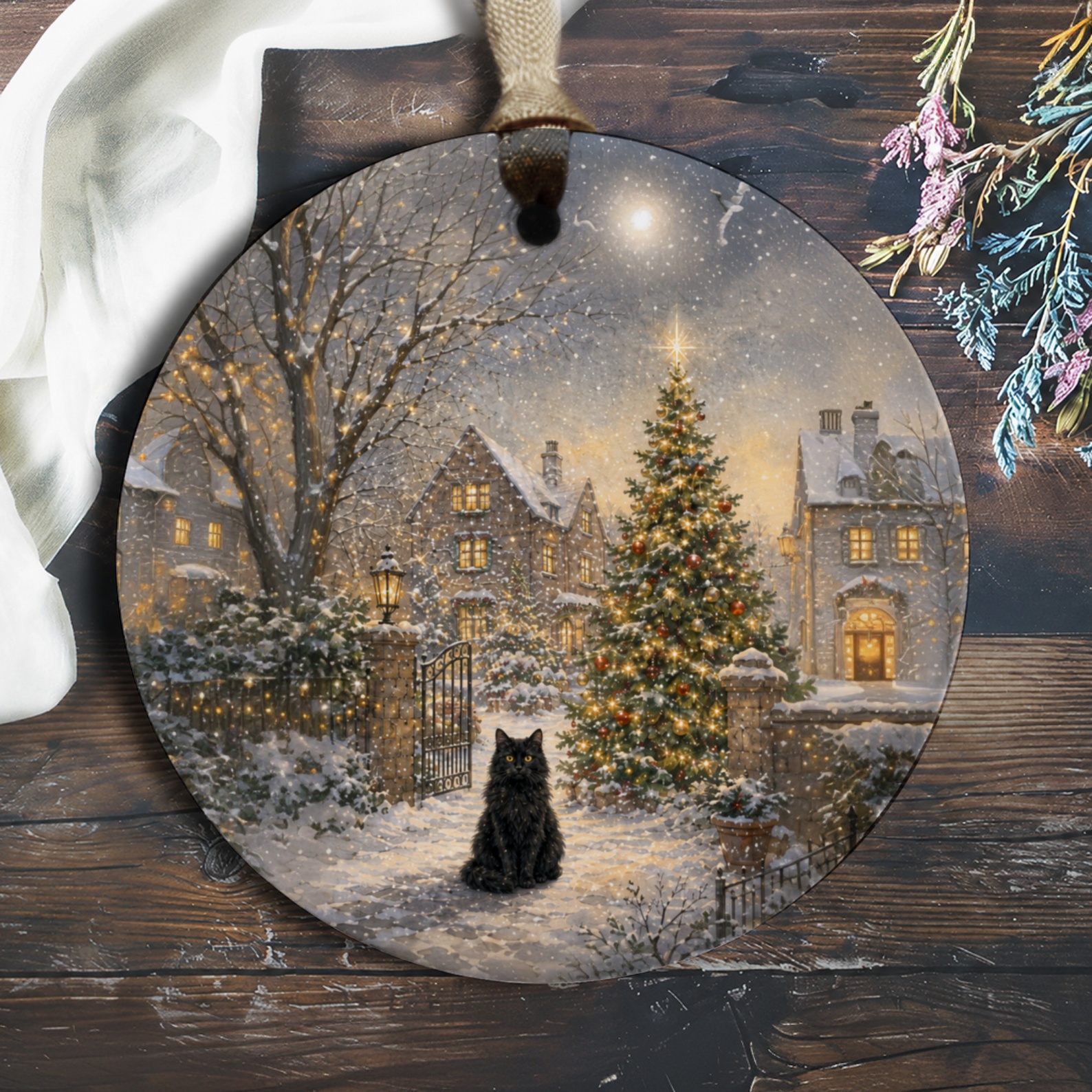 Christmas Cat Ornament Winter Village Scene Holiday Decor Snowy Night Christmas Tree Festive Home Decor Gift For Cat Lovers O1031