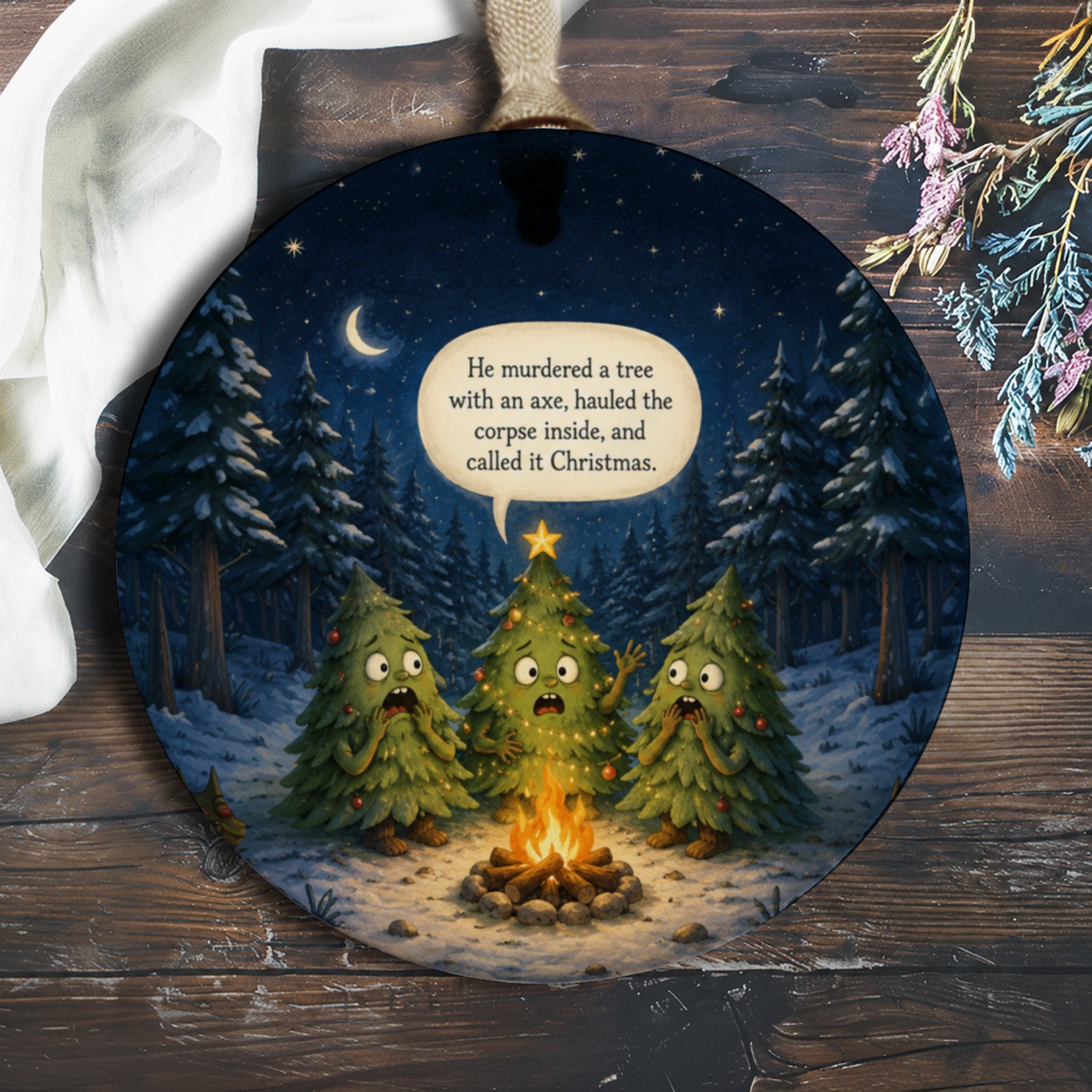 He Murdered A Tree With An Axe Funny Christmas Ornament Holiday Decor Tree Lover Gift Cute Winter Scene O1032