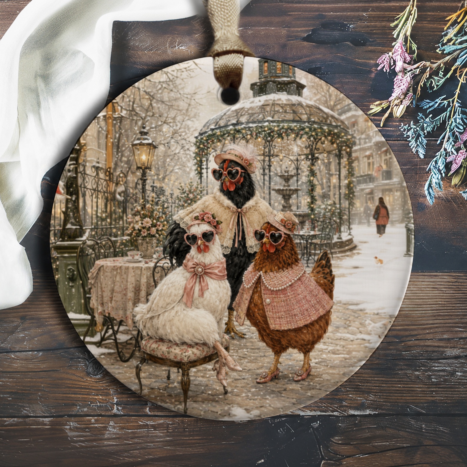 Chickens In Vintage Attire Christmas Ornament Cute Animal Winter Scene Holiday Decor Farmhouse Style Gift O1027