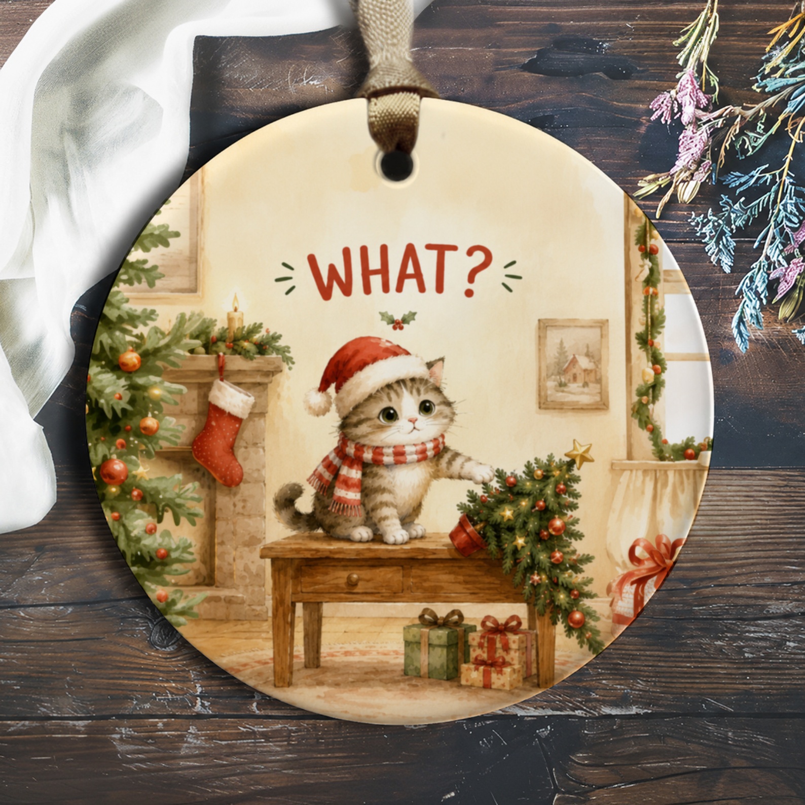 What? Cute Cat Christmas Ornament Adorable Kitten Holiday Decor Festive Tree Decoration Cat Lover Gift O1054