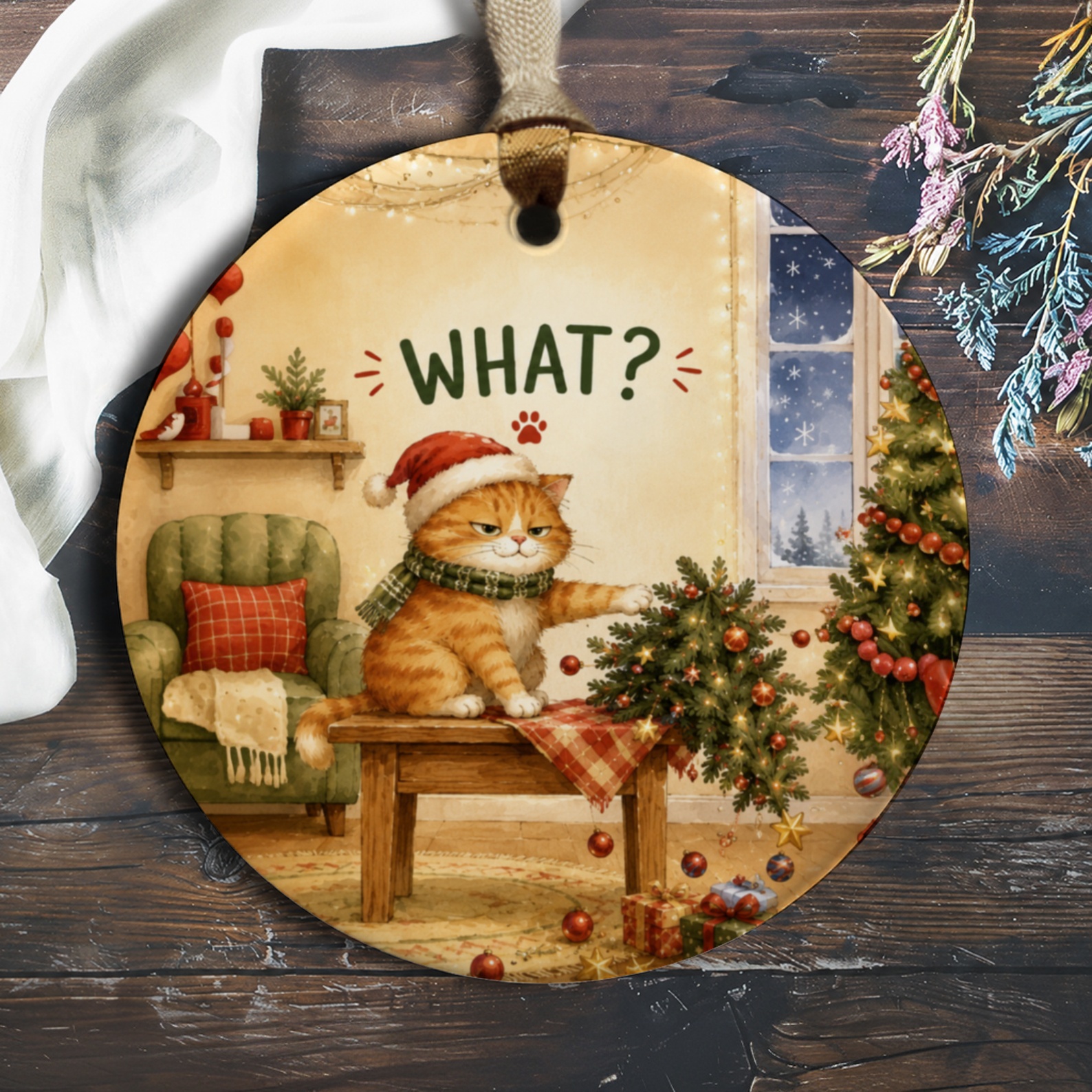 What? Funny Cat Christmas Ornament Cute Holiday Decor Cat Lover Gift Festive Tree Decoration Adorable Pet O1055