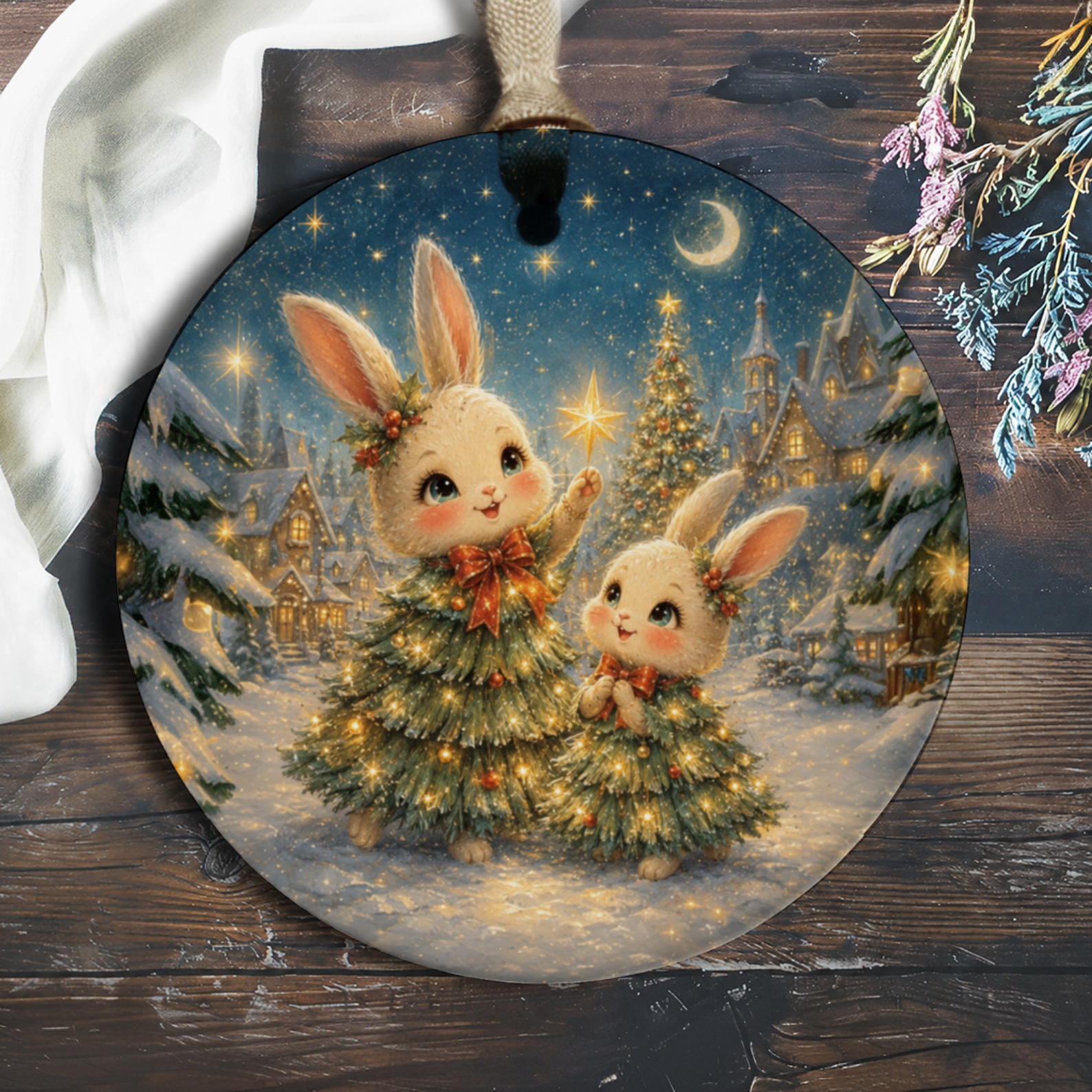 Christmas Ornament Cute Bunnies In Tree Outfits Holiday Decor Winter Wonderland Scene Adorable Animal Lovers Gift O1059