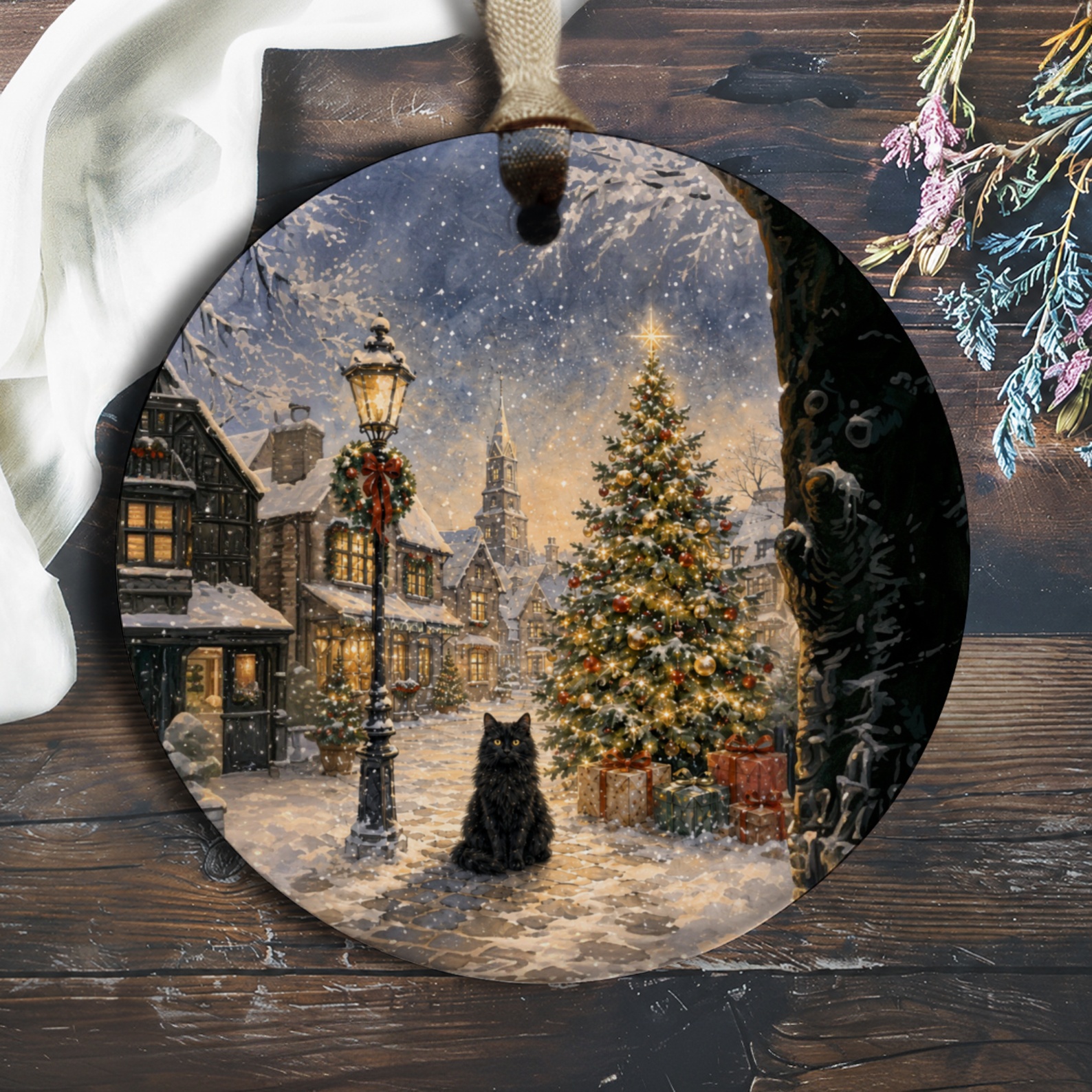 Christmas Village Scene Ornament Cat Winter Holiday Decor Snowy Town Christmas Tree Festive Gift For Cat Lover O1030