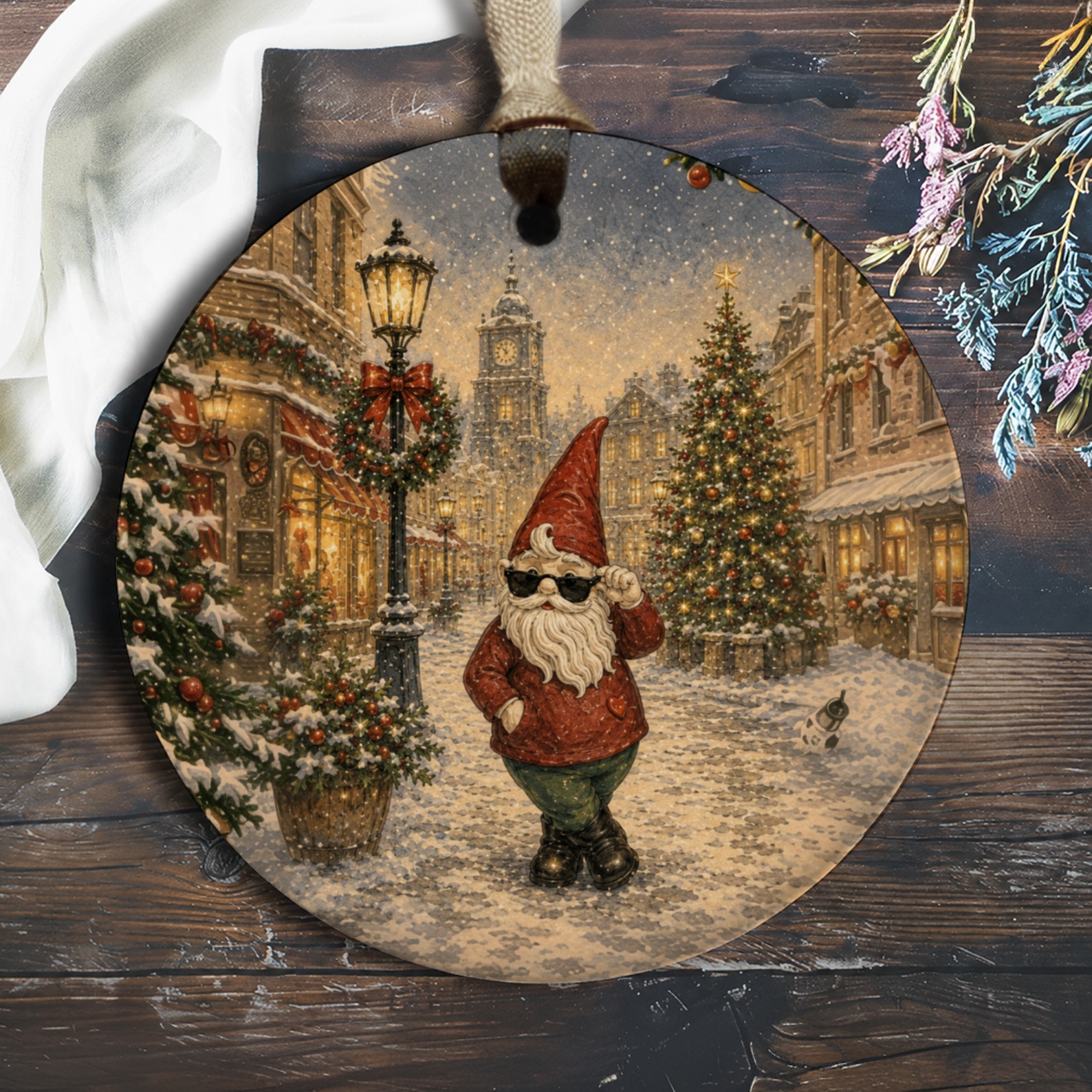 Santa Ornament Christmas Decor Festive Holiday Decoration Cute Santa Claus With Sunglasses Winter Wonderland Scene O1034