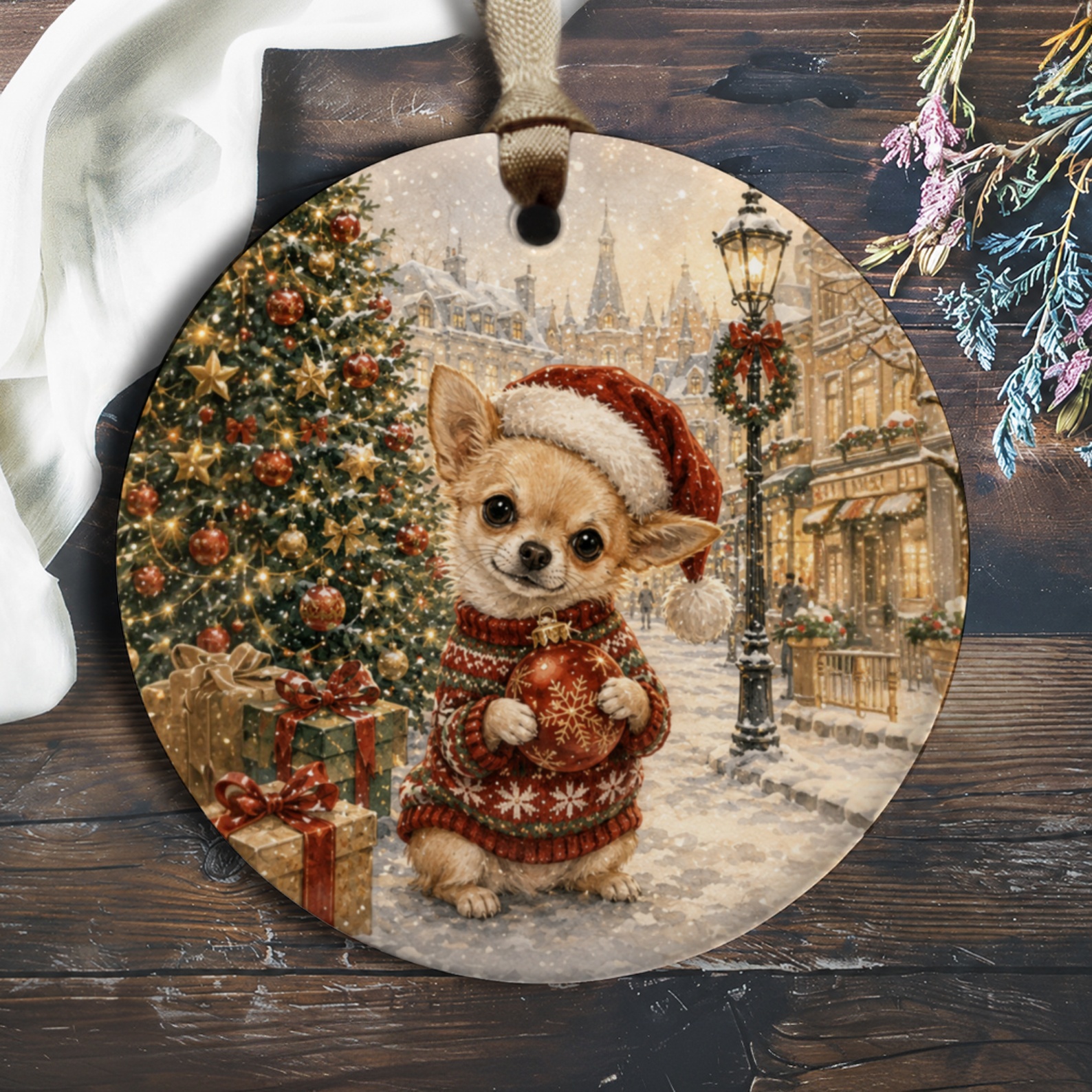 Chihuahua Christmas Ornament Cute Dog In Santa Hat Holiday Decor Festive Tree Decoration Gift For Dog Lovers Winter Scene O1044