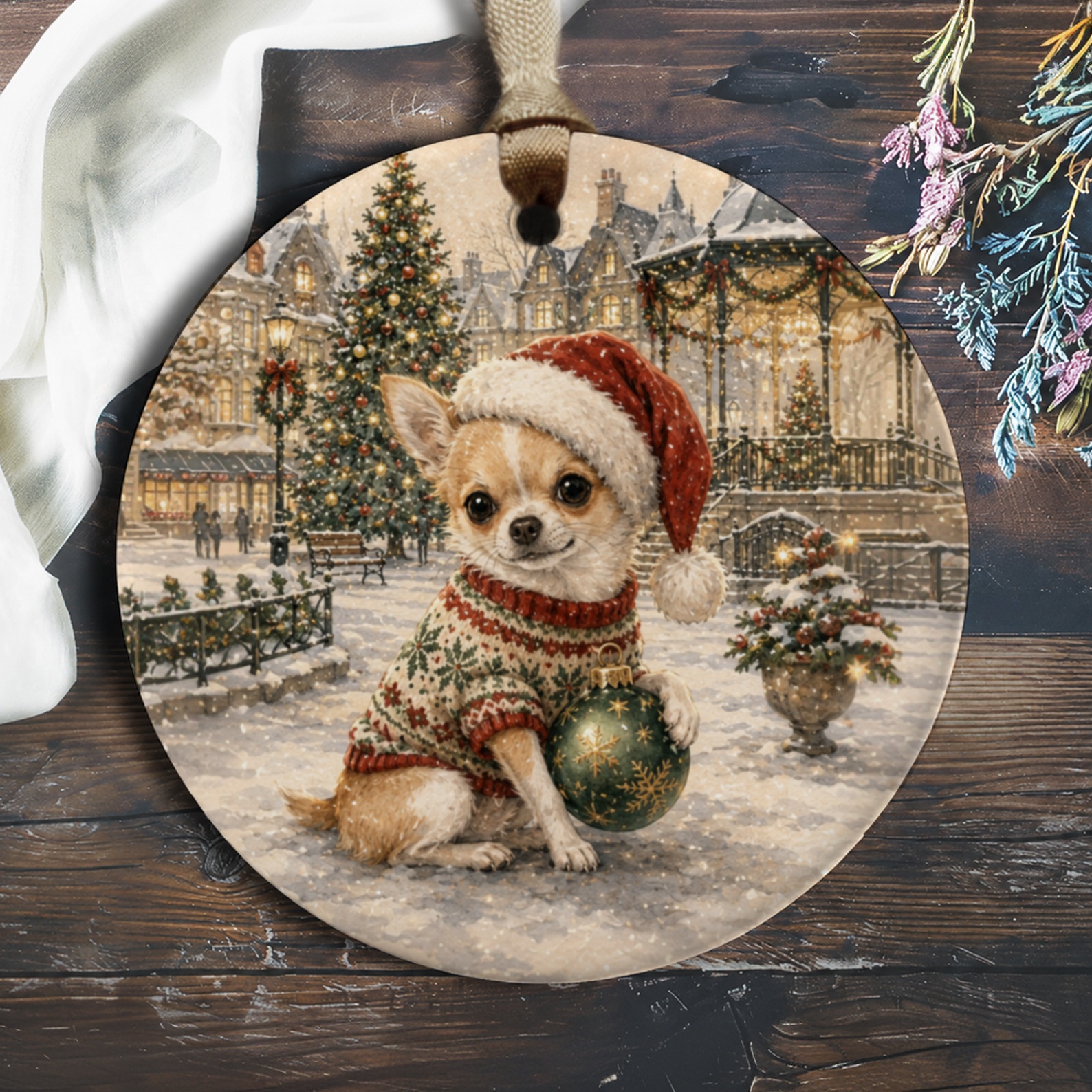 Chihuahua In Santa Hat Christmas Ornament Cute Dog Holiday Decor Festive Winter Scene Pet Lover Gift Adorable Xmas Decoration O1045