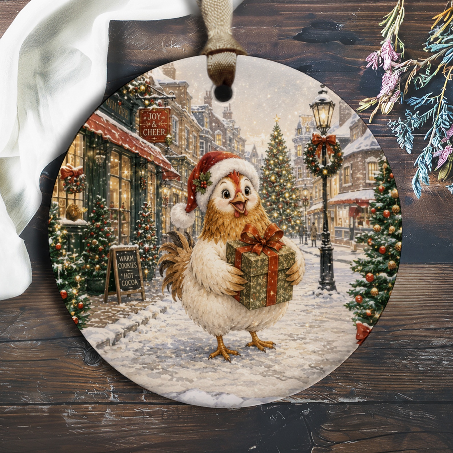 Joy & Cheer Christmas Ornament Festive Chicken With Gift Cute Holiday Decor Winter Scene Tree Decoration O1047