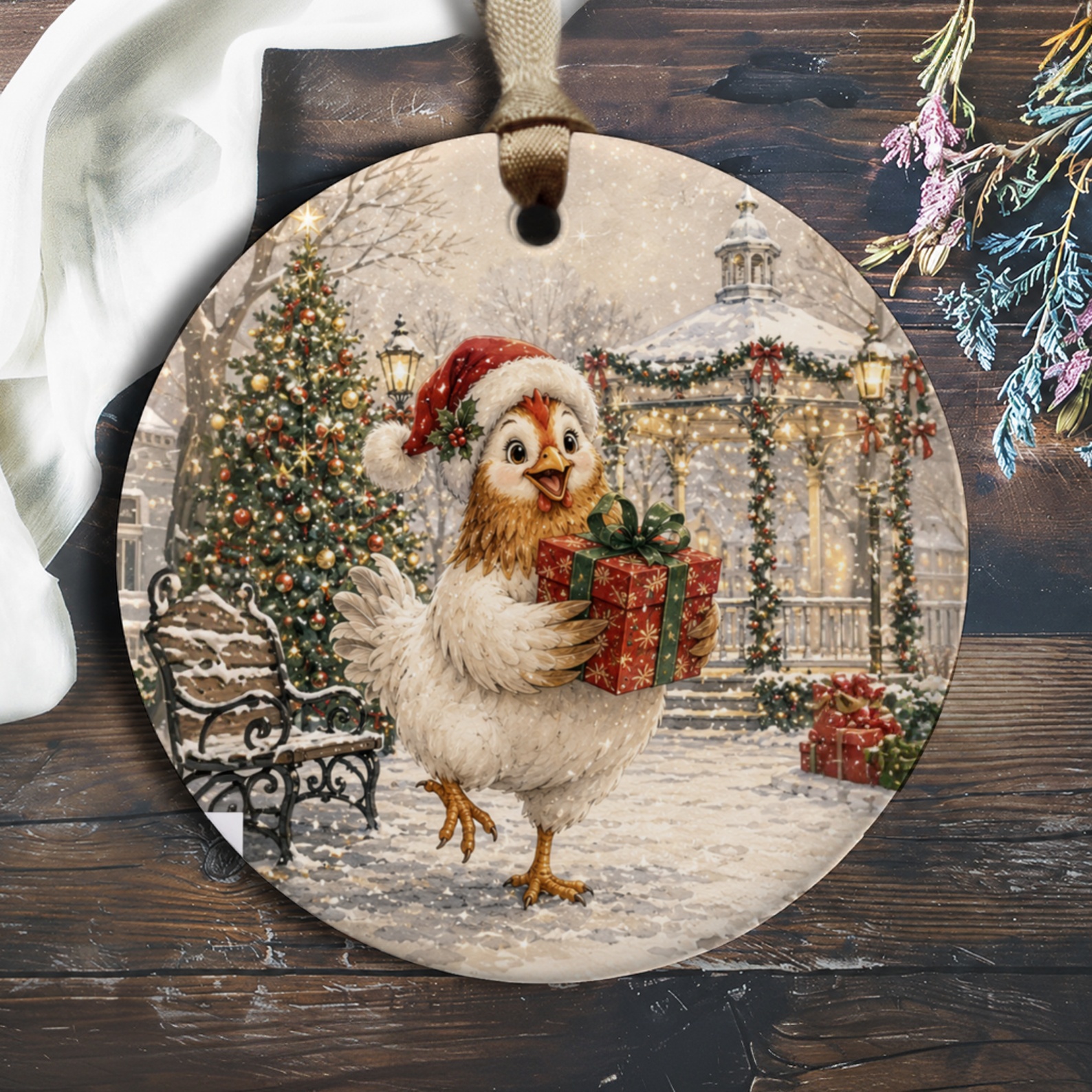 Festive Chicken Ornament Christmas Decor Cute Animal Holiday Decoration Winter Scene Gift For Bird Lover O1048
