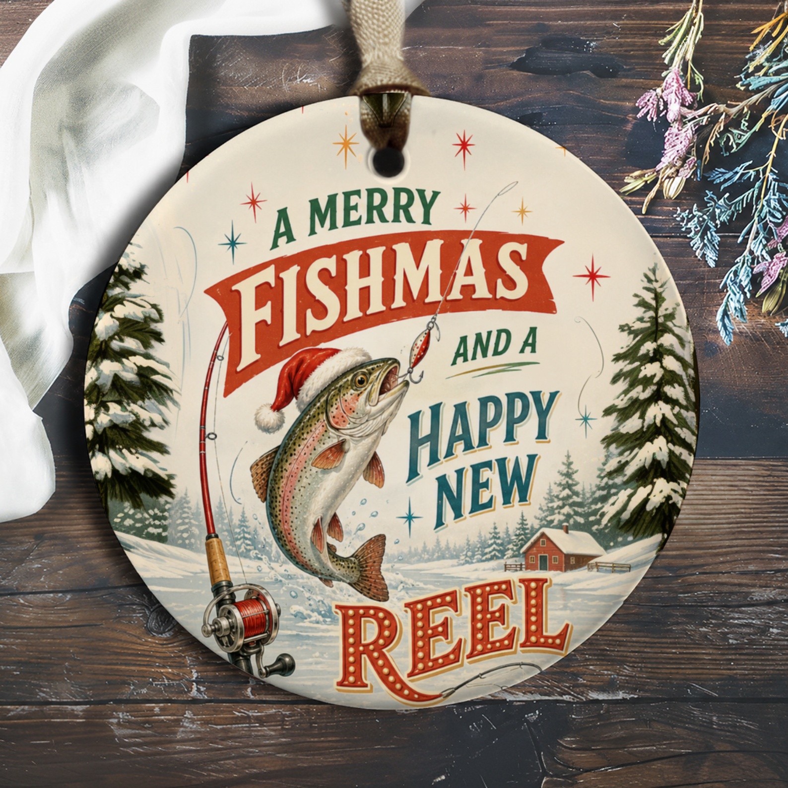 A Merry Fishmas And A Happy New Reel Christmas Ornament Funny Fishing Holiday Decor Gift For Anglers Festive Fish O1050