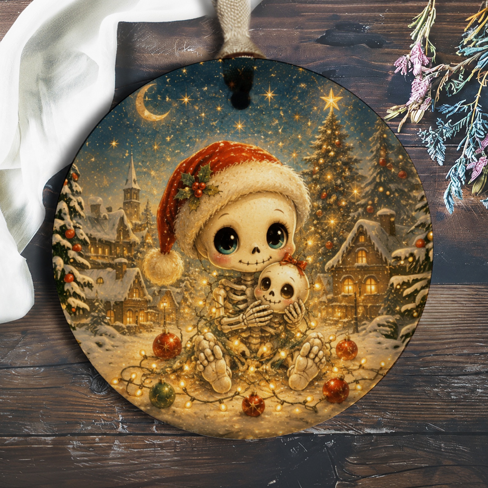 Cute Skeletons In Santa Hats Christmas Ornament Holiday Decor Festive Winter Scene Adorable Skeleton Family Ornament O1051