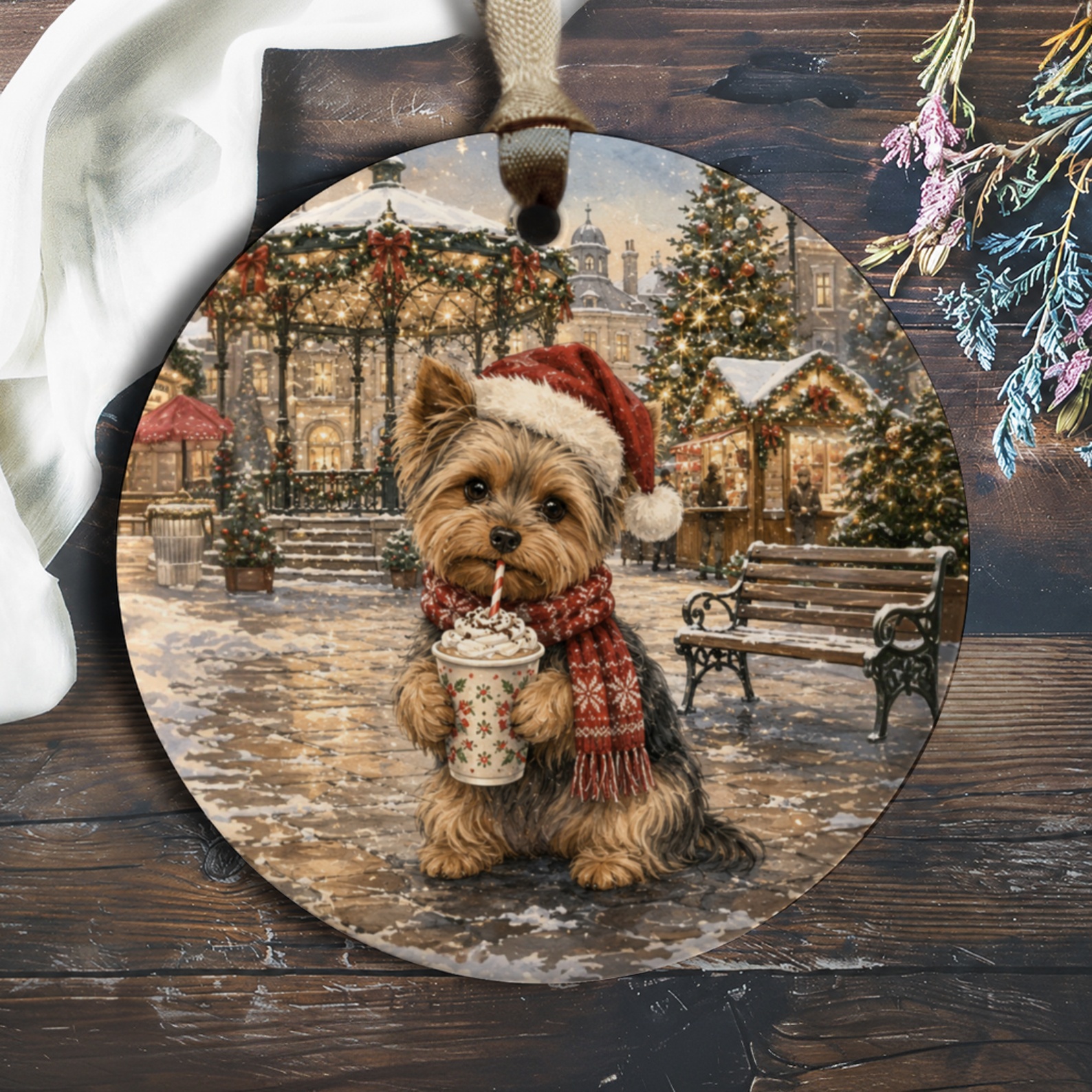 Yorkshire Terrier Christmas Ornament Cute Dog With Santa Hat Holiday Decor Winter Scene Festive Tree Decoration Gift O1053