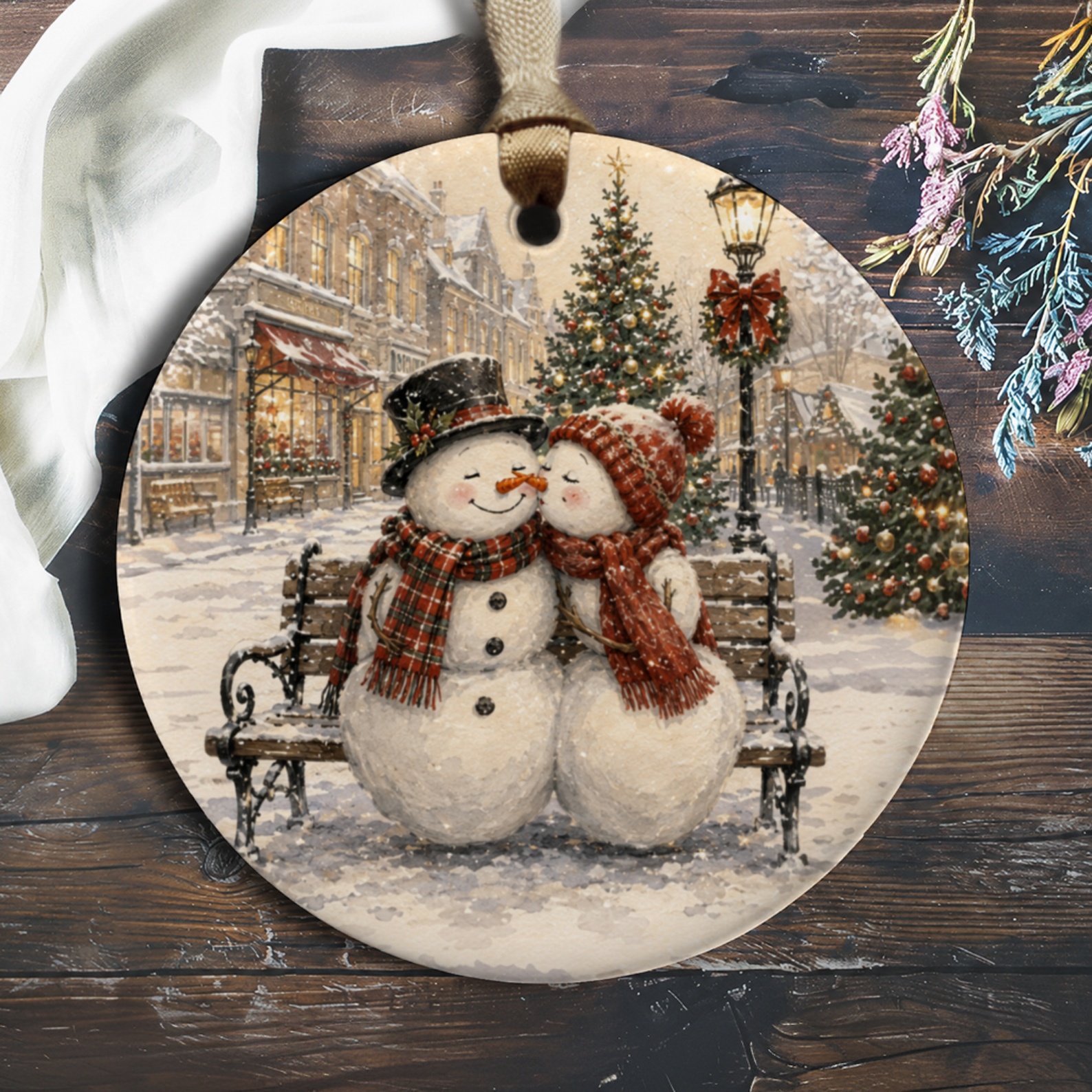 Snowman Couple Ornament Christmas Decor Winter Scene Holiday Decoration Cute Snowmen Gift For Her Romantic Winter Ornament O1060