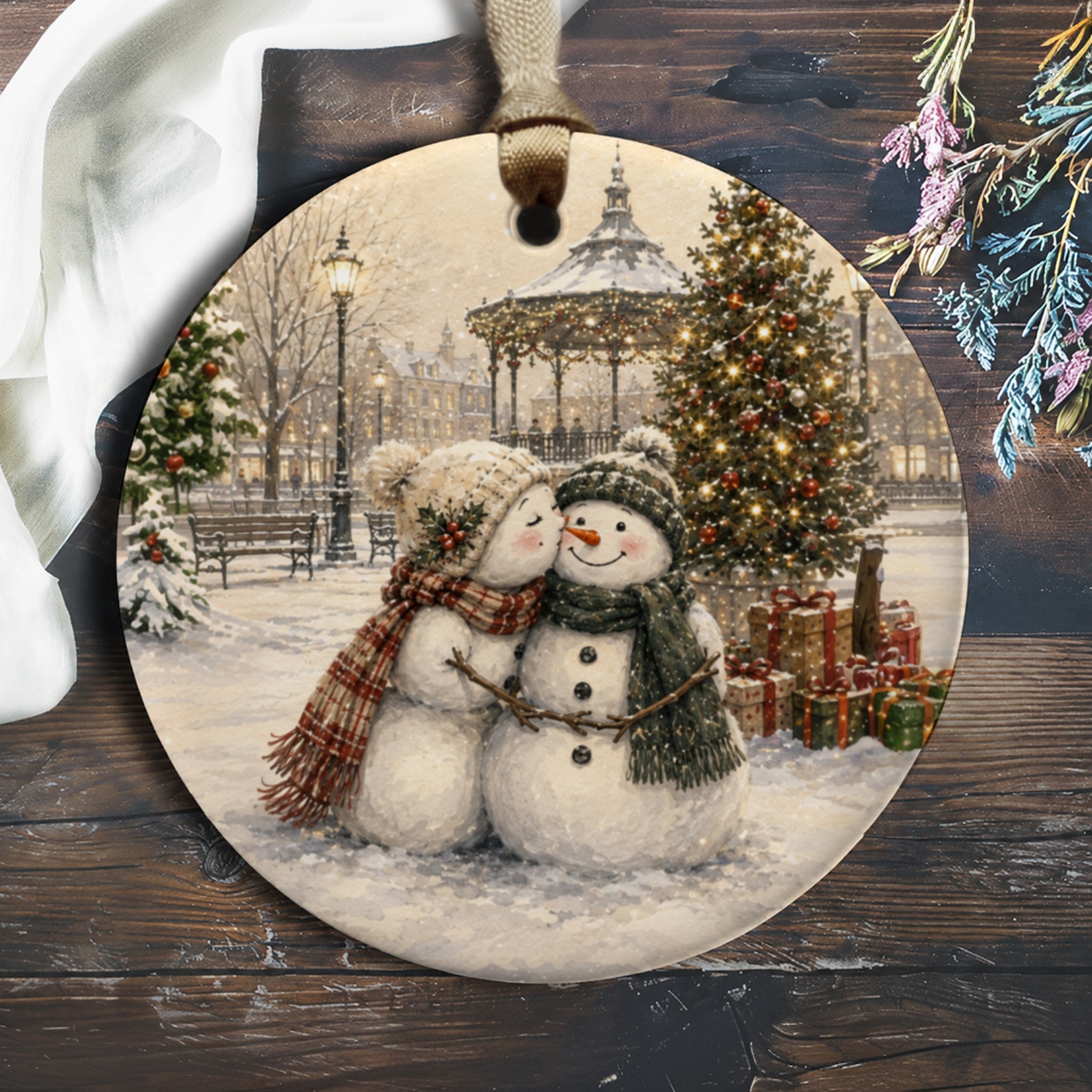 Snowman Couple Christmas Ornament Winter Scene Holiday Decor Cute Snowy Park Romantic Gift For Her Him O1061