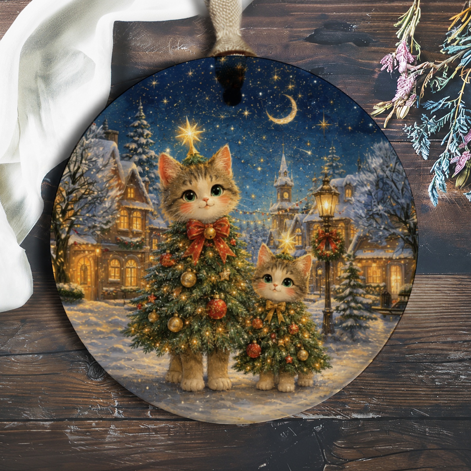 Cats In Christmas Tree Costumes Ornament Cute Holiday Decoration Festive Cat Lover Gift Winter Wonderland Scene O1066