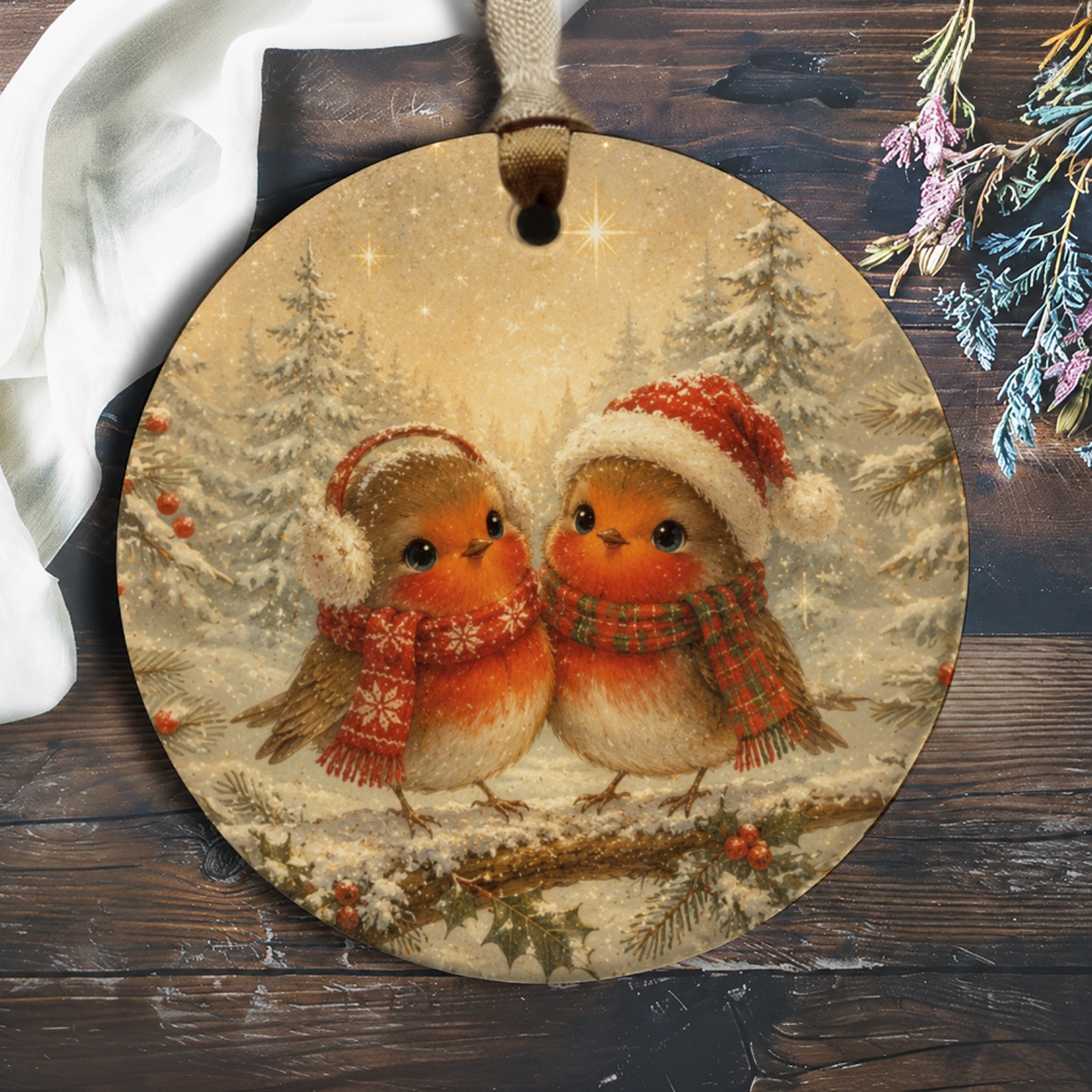Christmas Ornament Cute Robin Couple Winter Scene Holiday Decor Festive Birds Snowy Forest Ornament For Bird Lovers O1067