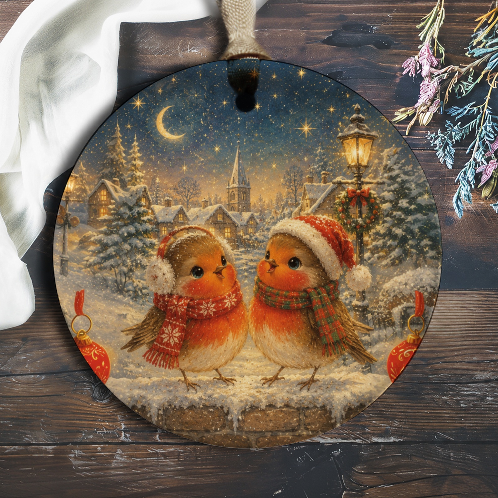 Christmas Ornament Cute Robin Birds Winter Scene Holiday Decor Festive Ornament For Bird Lovers Snowy Village Art O1068