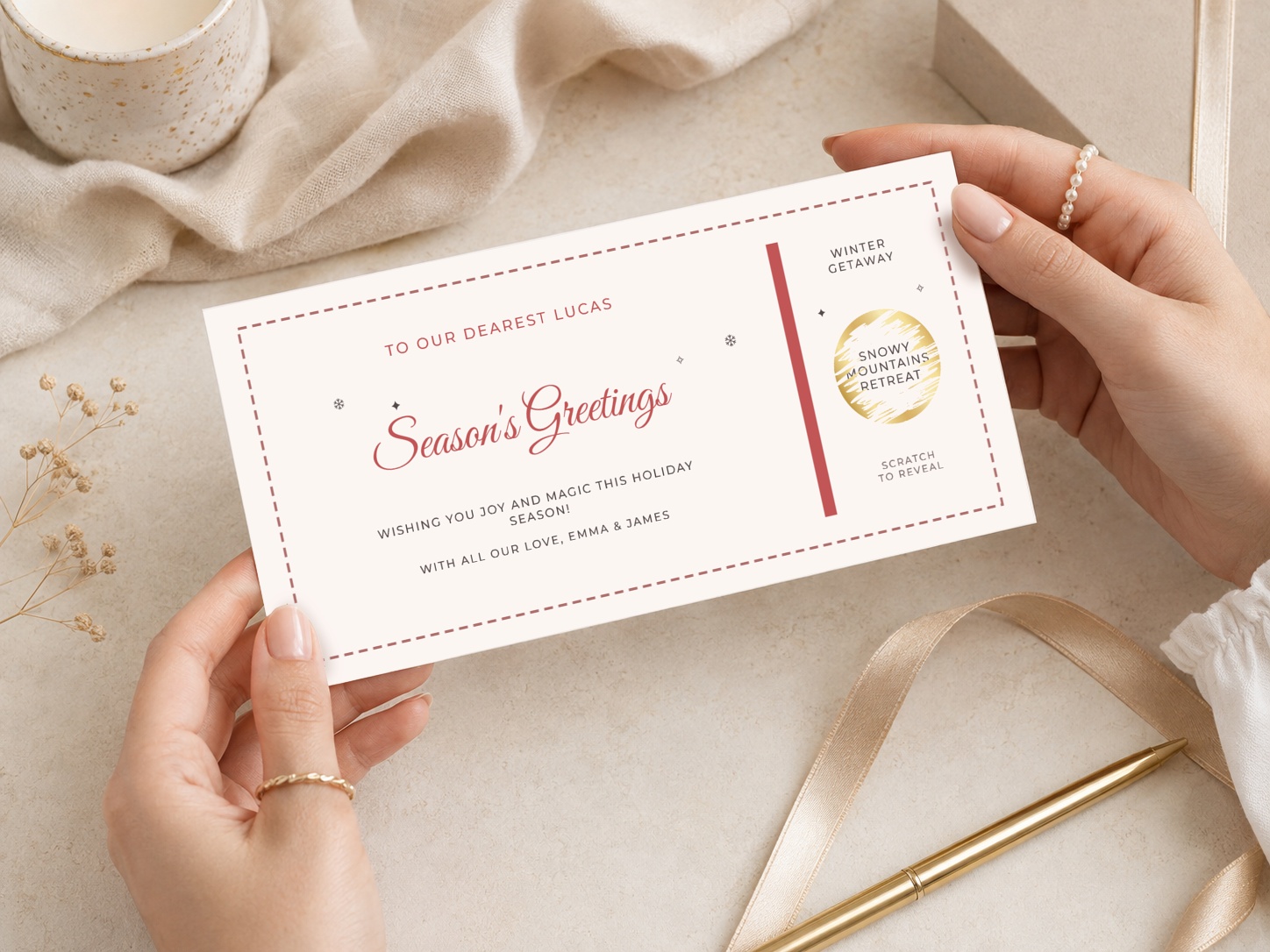 Season's Greetings Holiday Voucher Winter Getaway Snowy Mountains Retreat Scratch To Reveal Gift VP5