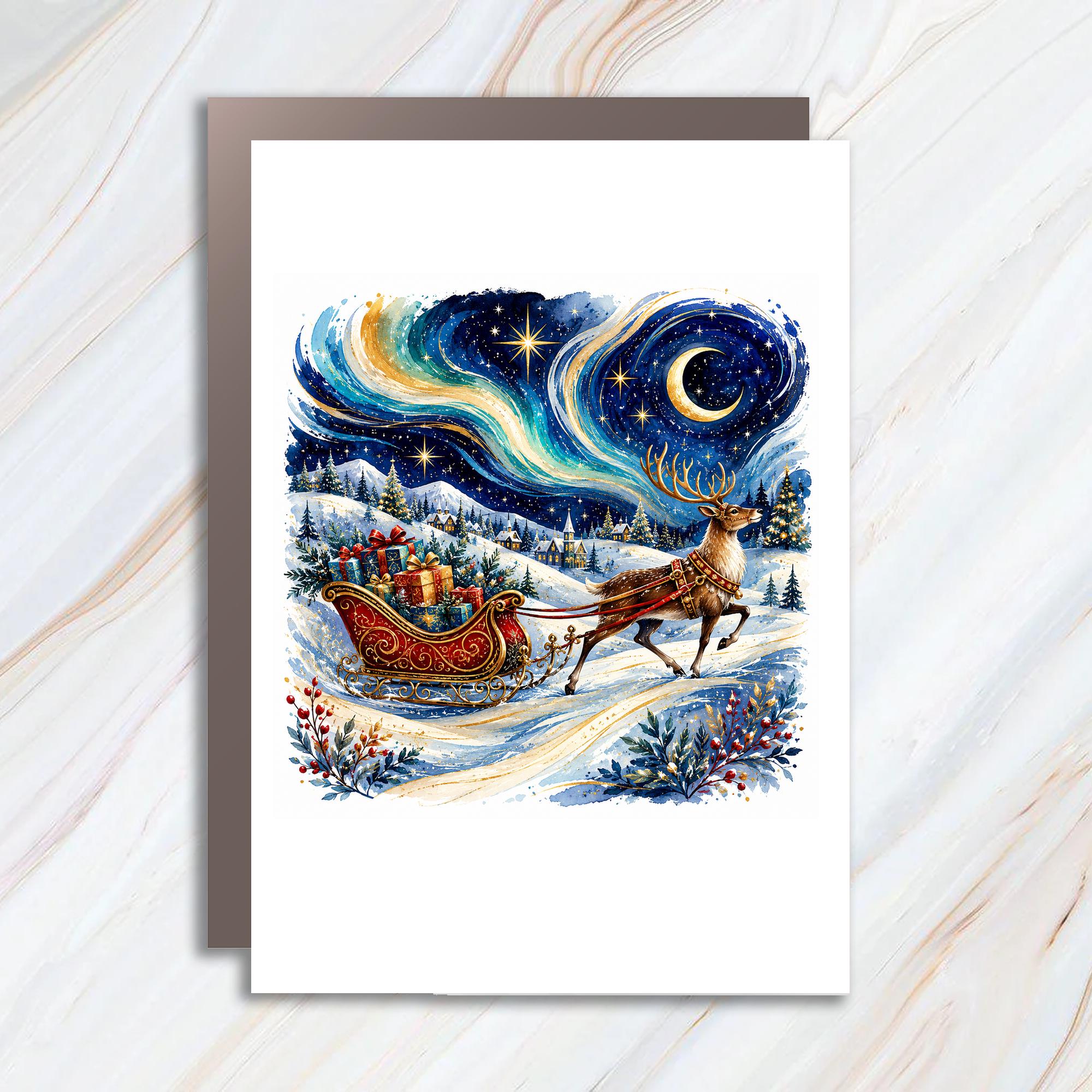 Reindeer Sleigh Christmas Card Winter Wonderland Scene Holiday Greeting Card For Family Festive Seasonal Art C1133