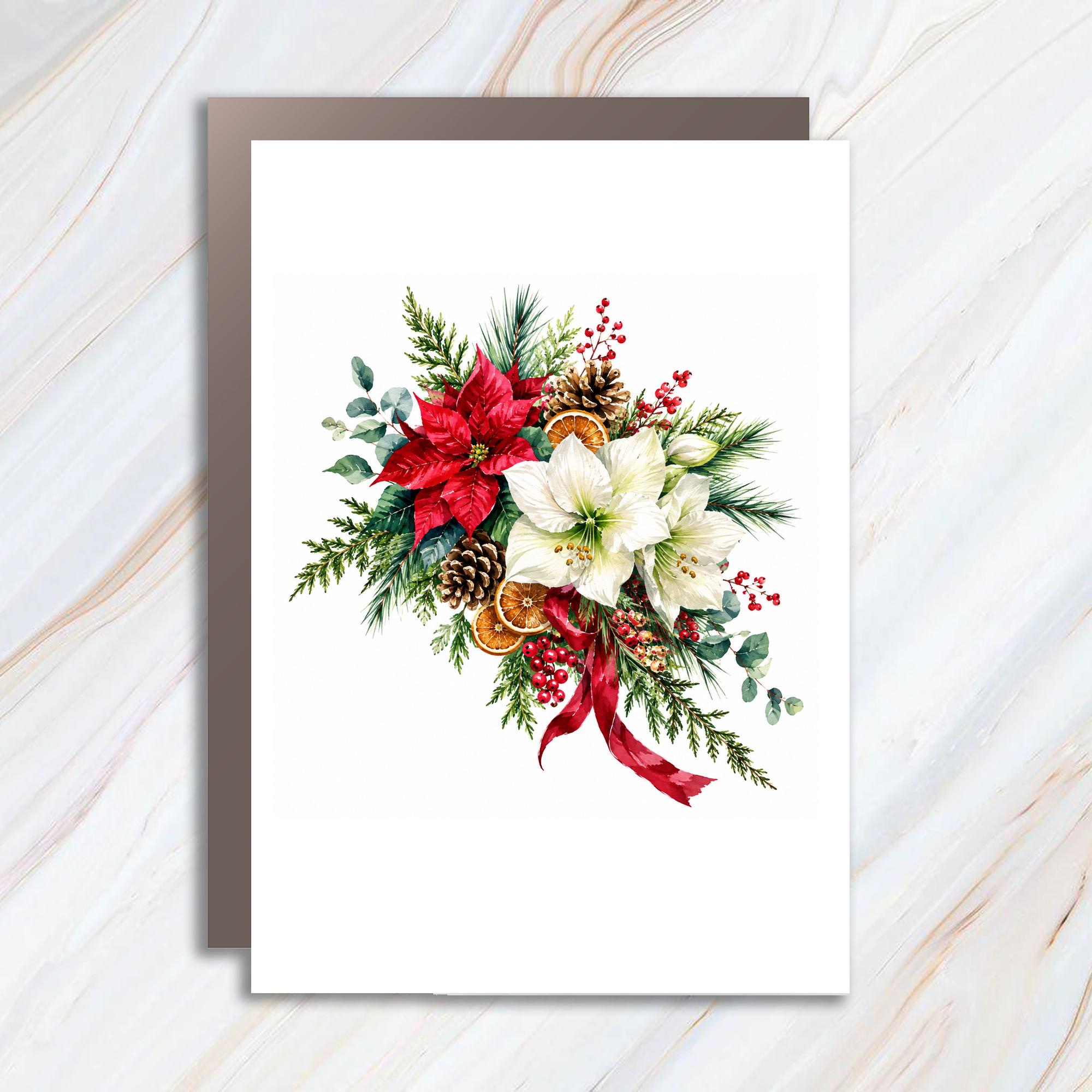 Floral Holiday Arrangement Christmas Card Poinsettia Pinecone Festive Greeting Card For Her Botanical Winter Card C1134