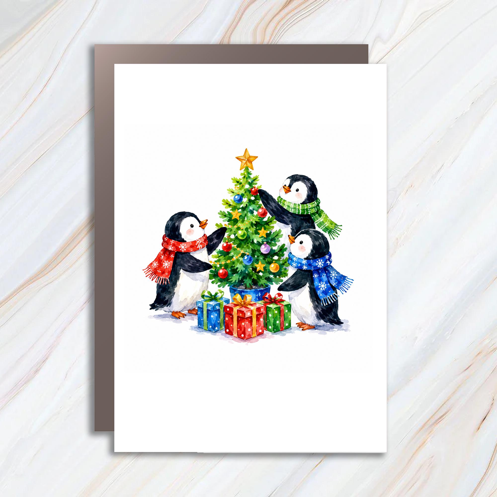 Penguin Christmas Card Cute Holiday Greeting Card Winter Scene For Kids Family Animal Lover Festive Watercolor Art C1136