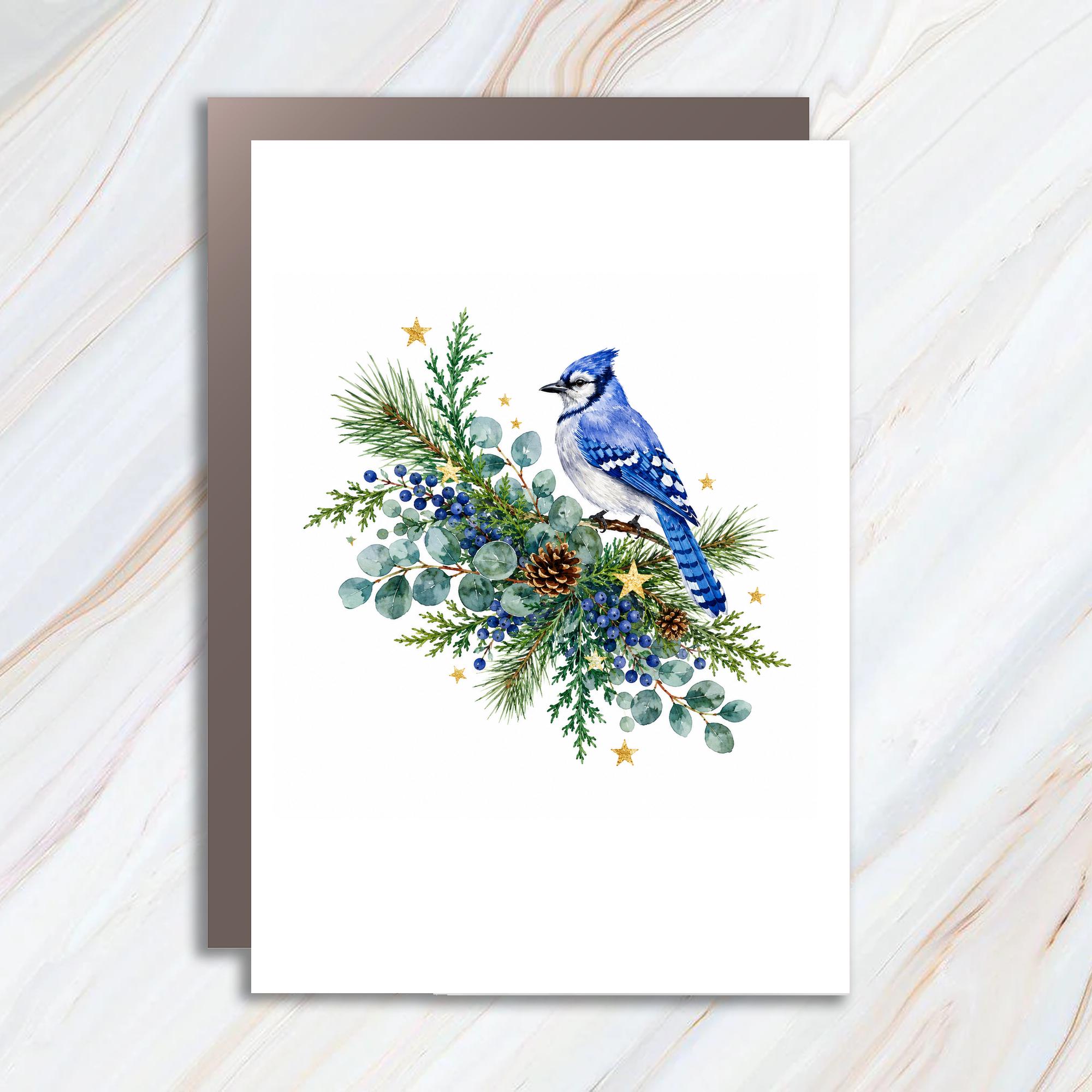 Blue Jay With Pine And Berries Blank Greeting Card Watercolor Bird Card Nature Lover Christmas Card Winter Holiday Card C1137