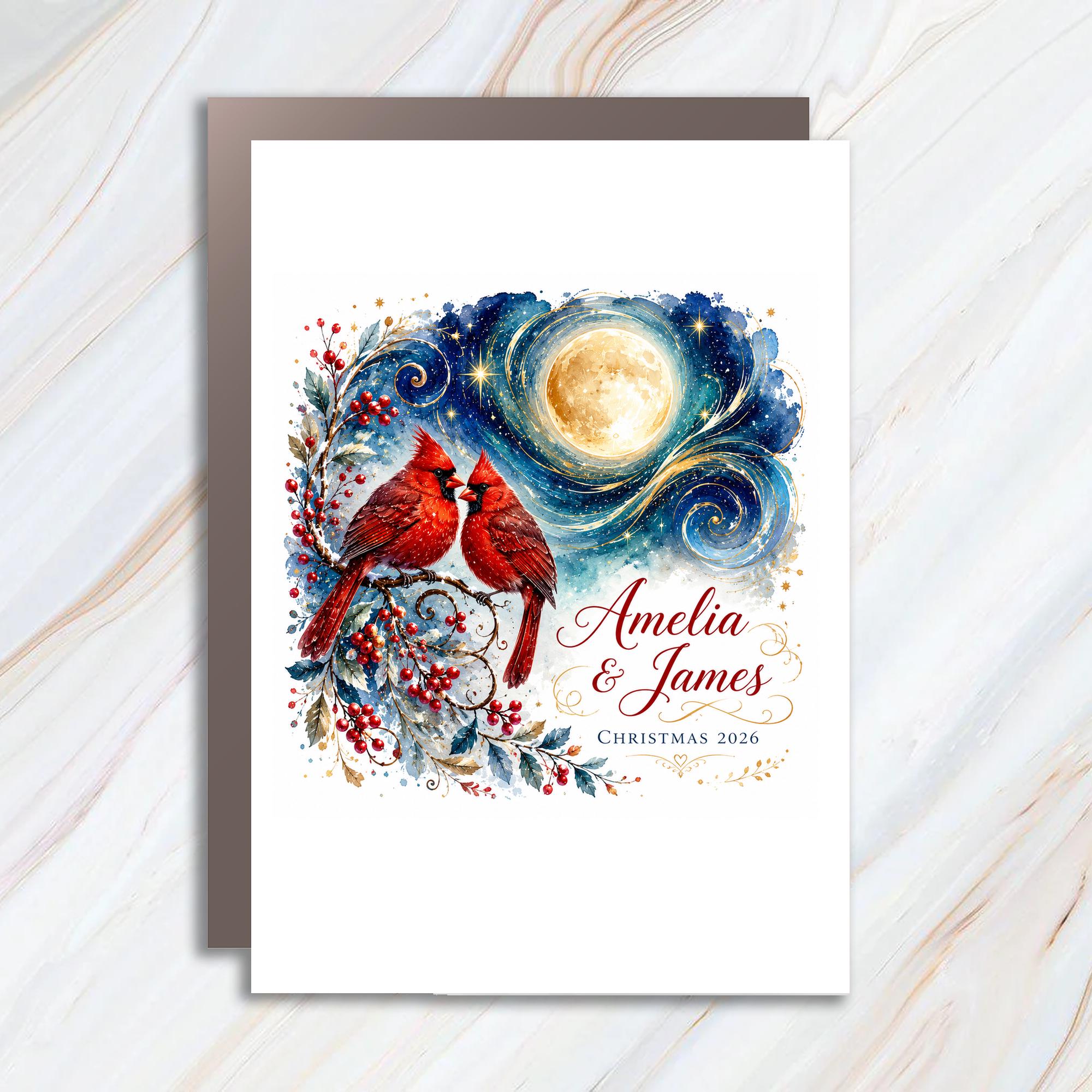 Christmas 2026 Personalized Christmas Card Two Cardinals Romantic Holiday Card For Couple Festive Winter Scene C1131
