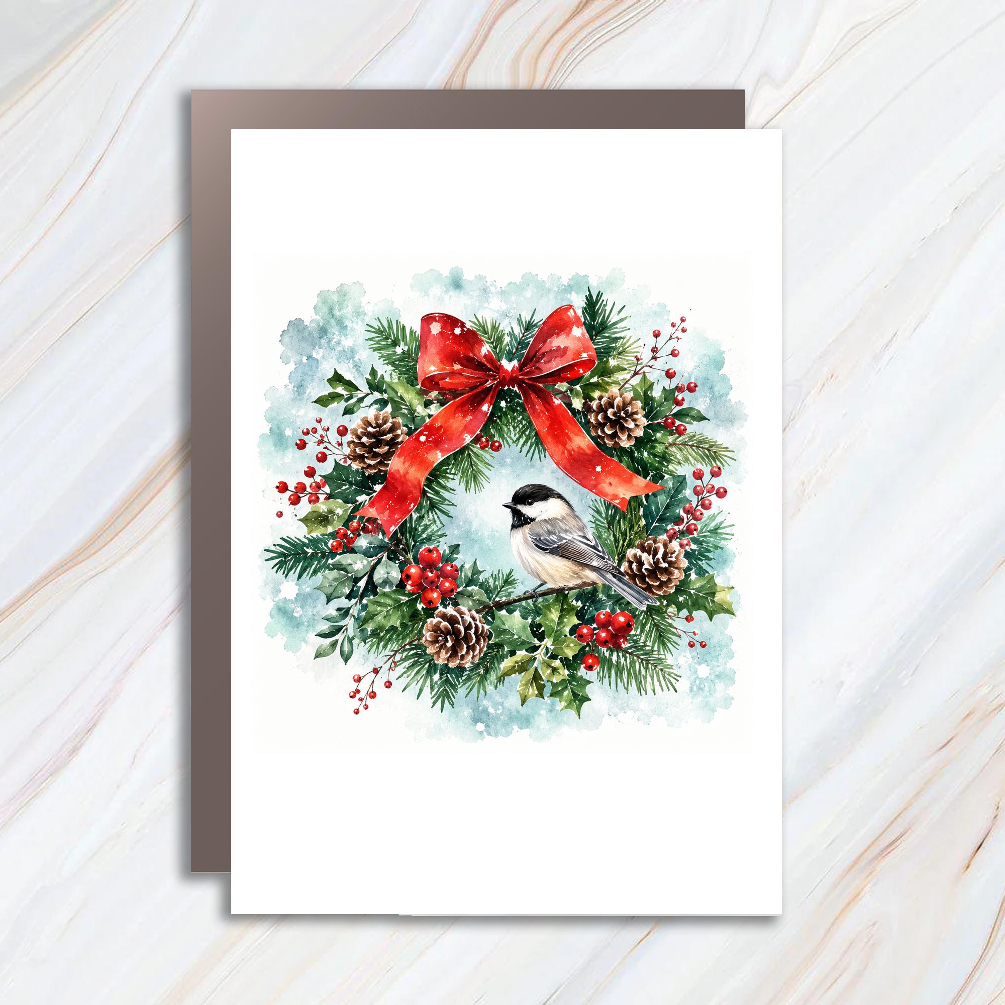 Christmas Bird Wreath Card Watercolor Holiday Greeting Card Winter Nature Art For Bird Lover Festive Pinecone Red Bow C1138