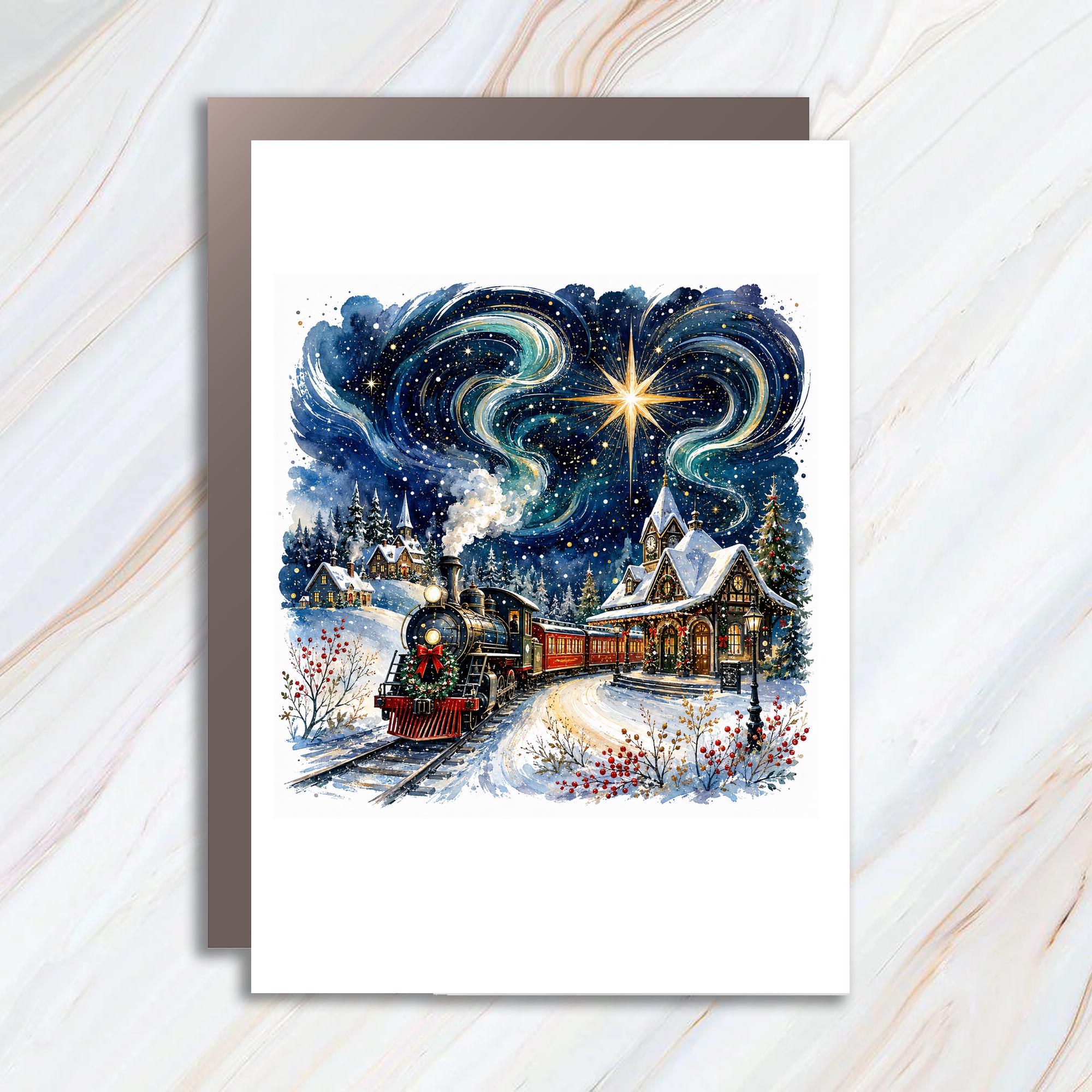 Christmas Train Greeting Card Winter Wonderland Holiday Card Festive Snowy Village Scene For Train Lover Seasonal Art Card C1132