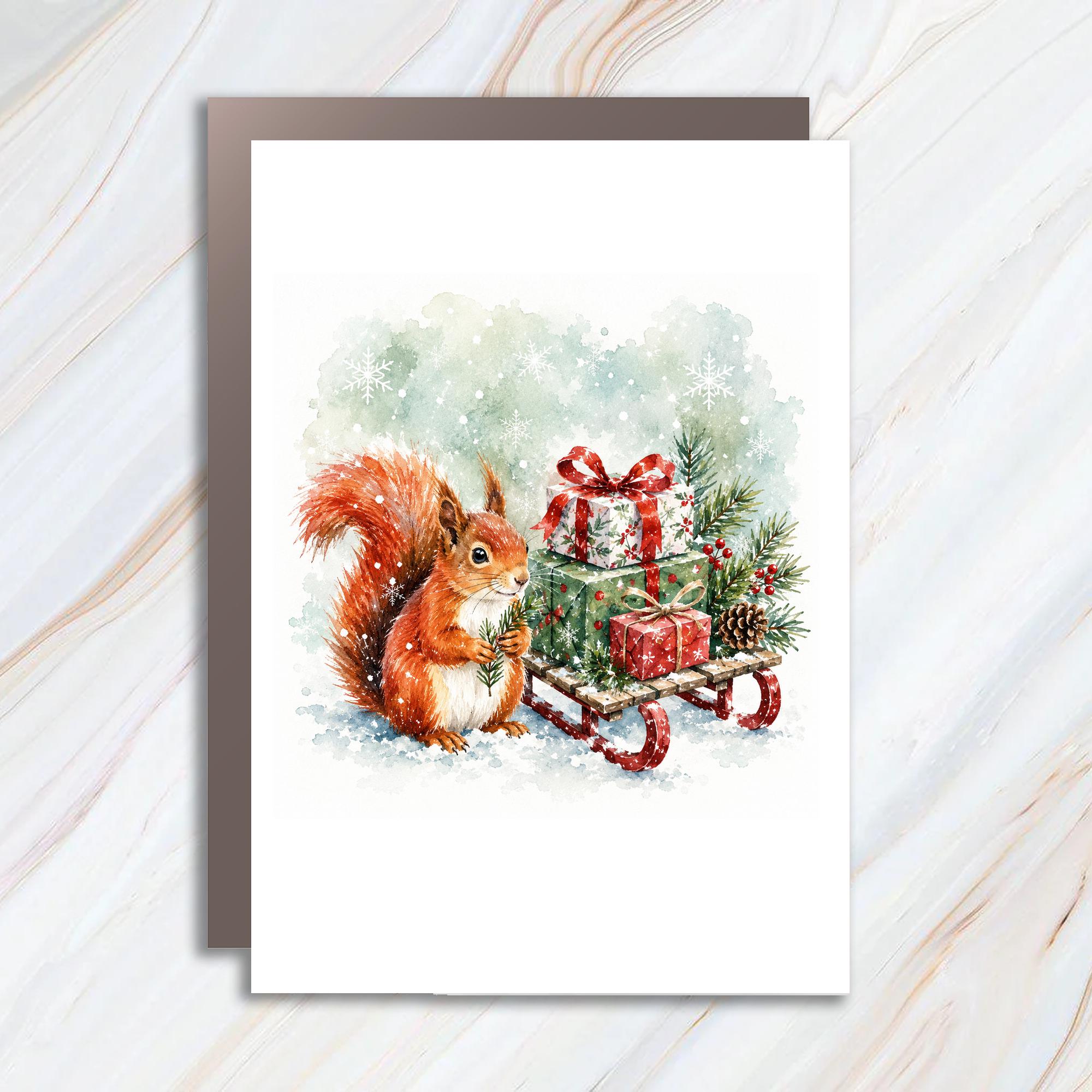 Squirrel Christmas Card Watercolor Holiday Greeting Card Cute Animal Winter Scene Festive Gifts Snowy Sleigh For Nature Lover C1140