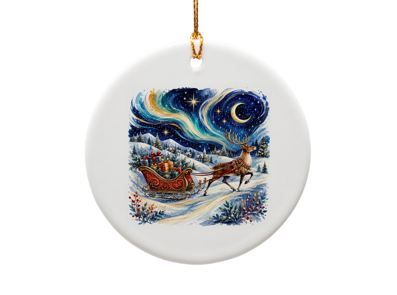 Reindeer Sleigh Christmas Ornament Festive Holiday Decor Winter Wonderland Scene Gift For Her Him Family Tree Decoration O1133