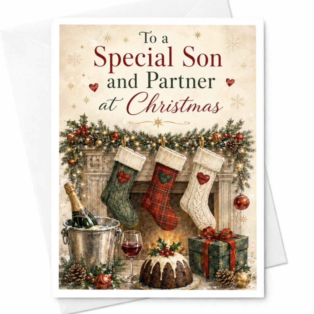 To A Special Son And Partner At Christmas Festive Holiday Card Family Celebration Santa Hats Stockings Gifts Xmas Card C5118