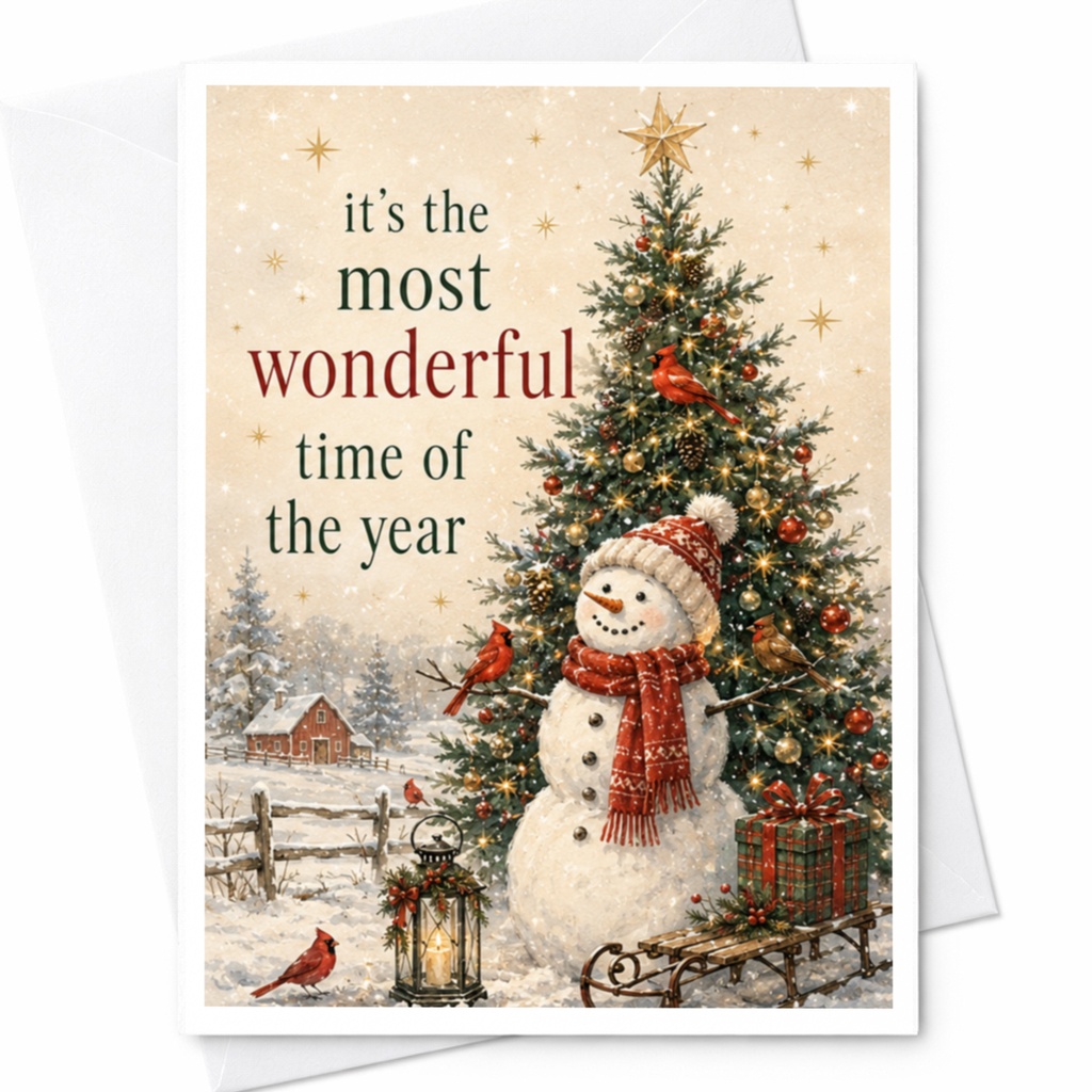 It's The Most Wonderful Time Of The Year Christmas Card Snowman Holiday Scene Winter Wonderland Festive Greeting Card C5122