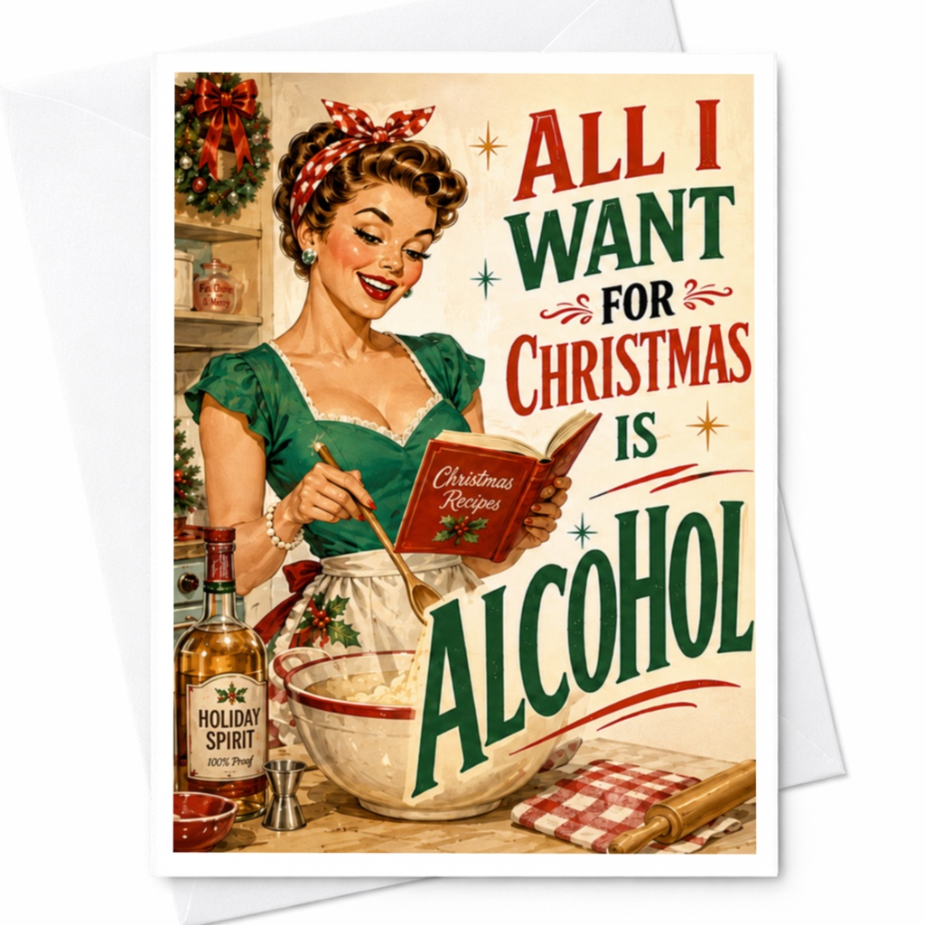 All I Want For Christmas Is Alcohol Funny Christmas Card Retro Holiday For Friends Family Colleagues Adult Card C5108