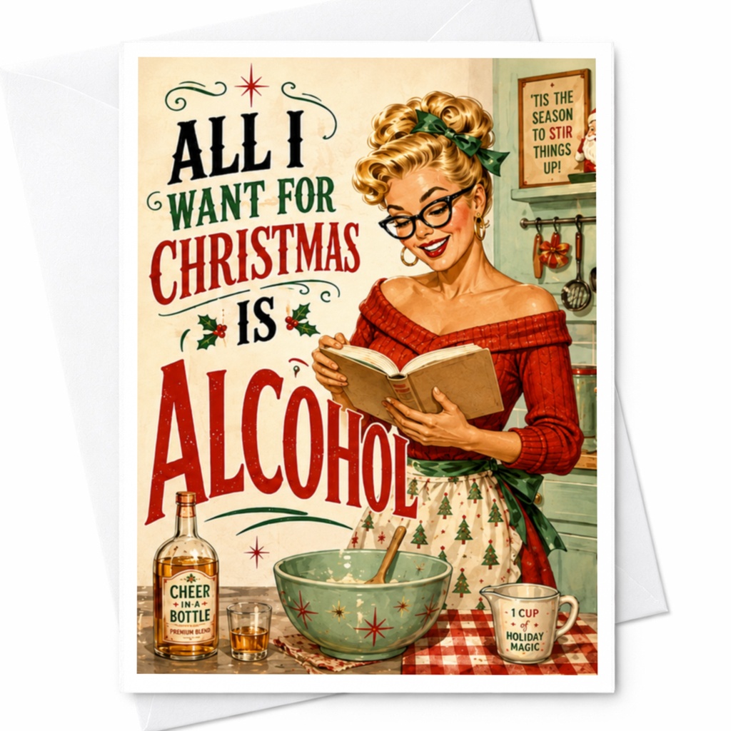 All I Want For Christmas Is Alcohol Funny Christmas Card Retro Holiday Greeting Card For Friends Family Adults C5109