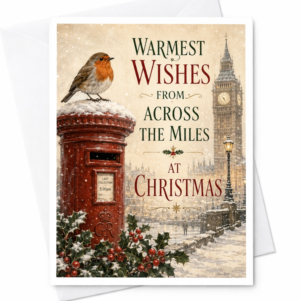 Warmest Wishes From Across The Miles At Christmas Greeting Card Holiday Card For Friends Family Cute Robin Postbox London Scene C5110