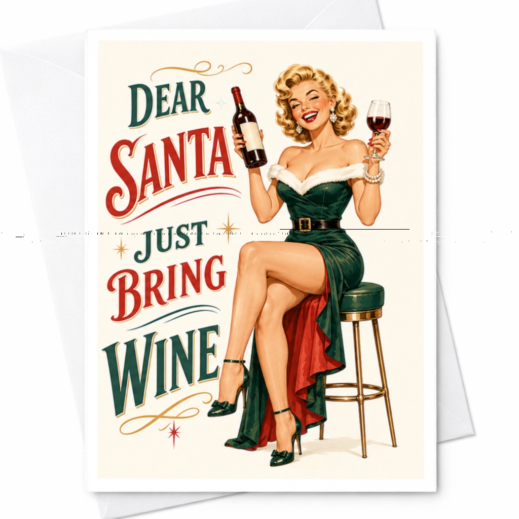 Dear Santa Just Bring Wine Funny Christmas Card Wine Lovers Holiday Greeting Card Retro Style For Friends Family C5113