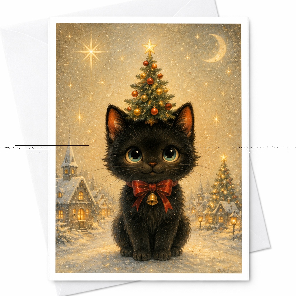 Black Cat Christmas Card Cute Holiday Greeting Card For Cat Lovers Festive Winter Scene With Tree And Snowy Village C5114