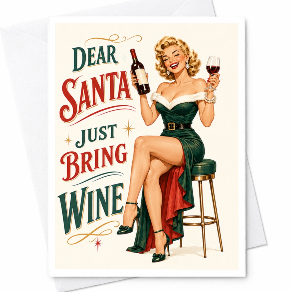 Dear Santa Just Bring Wine Funny Christmas Card Wine Lovers Holiday Greeting Card Retro Style For Friends Family C5115