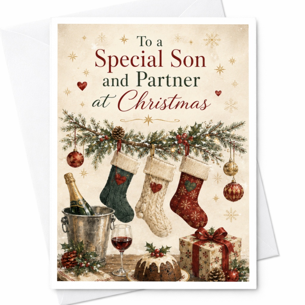 To A Special Son And Partner At Christmas Festive Holiday Card Family Celebration Santa Hats Stockings Gifts C5119