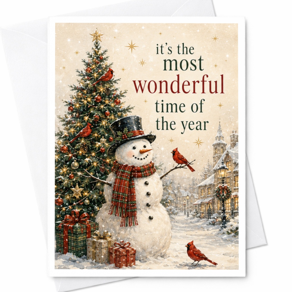 It's The Most Wonderful Time Of The Year Christmas Card Snowman With Cardinals Holiday Greeting Card Winter Scene Festive C5123