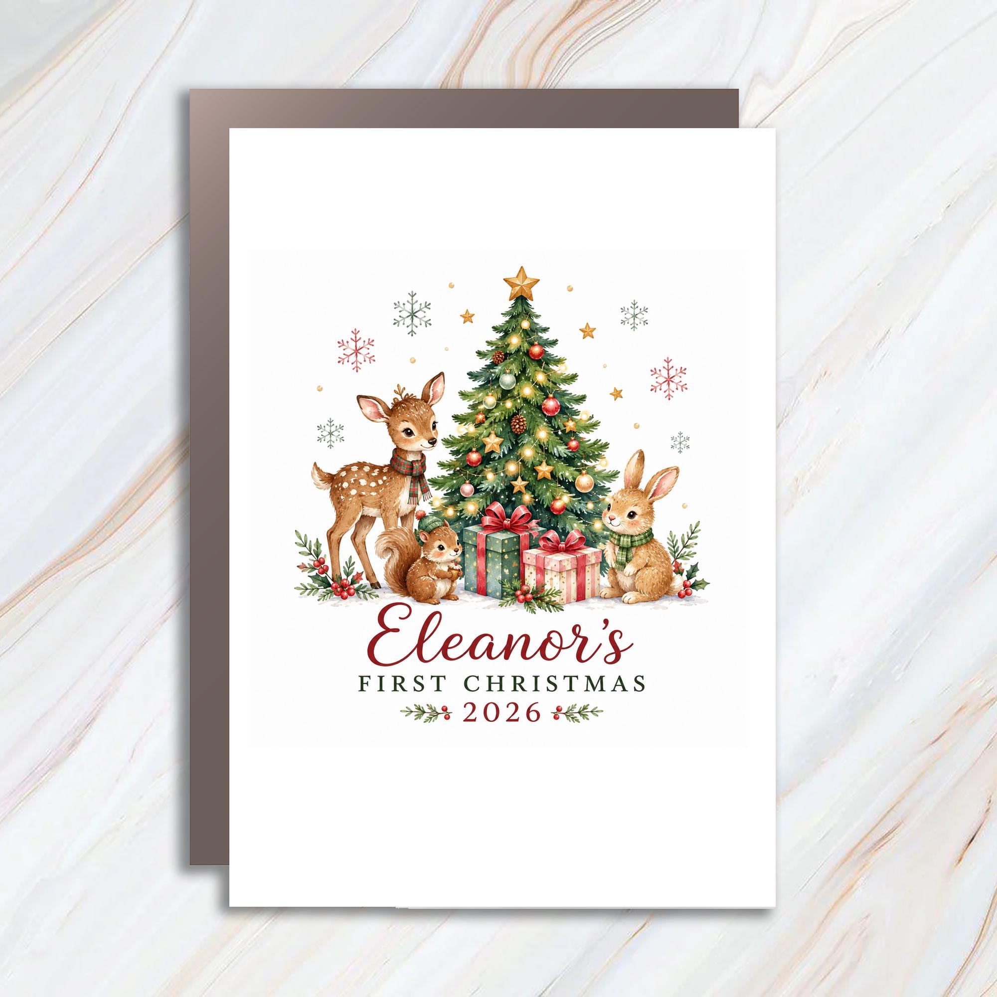 First Christmas 2026 Personalized Christmas Card Cute Woodland Animals Holiday Card Baby's First Christmas Keepsake C1142