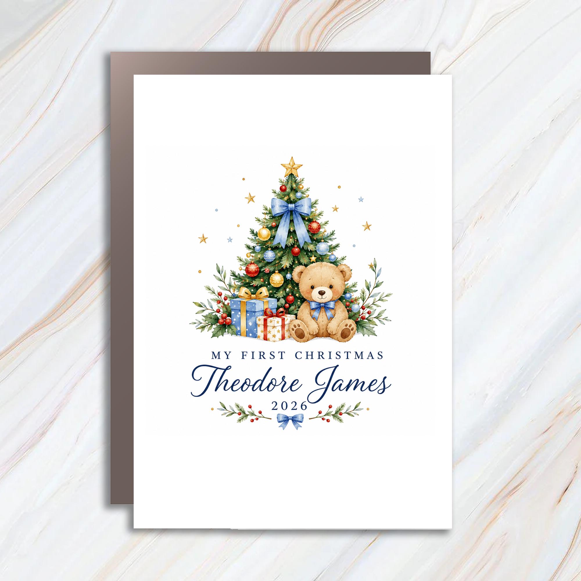 My First Christmas 2026 Personalized Christmas Card Baby's First Christmas Cute Teddy Bear Holiday Card C1144